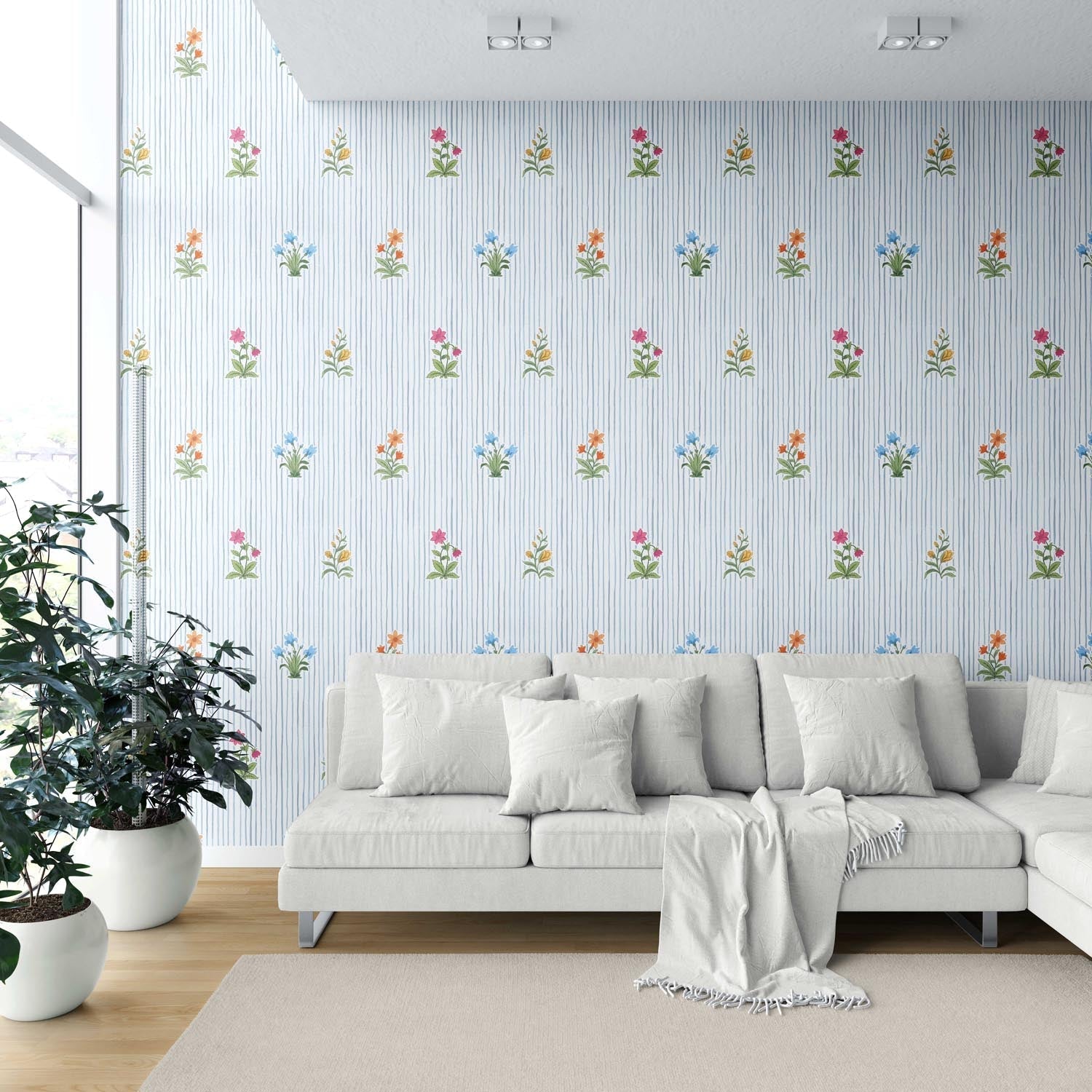 Floral Striped Block Print Shower Toilet Wallpaper (Blue/ Pink/ Green/ Orange )