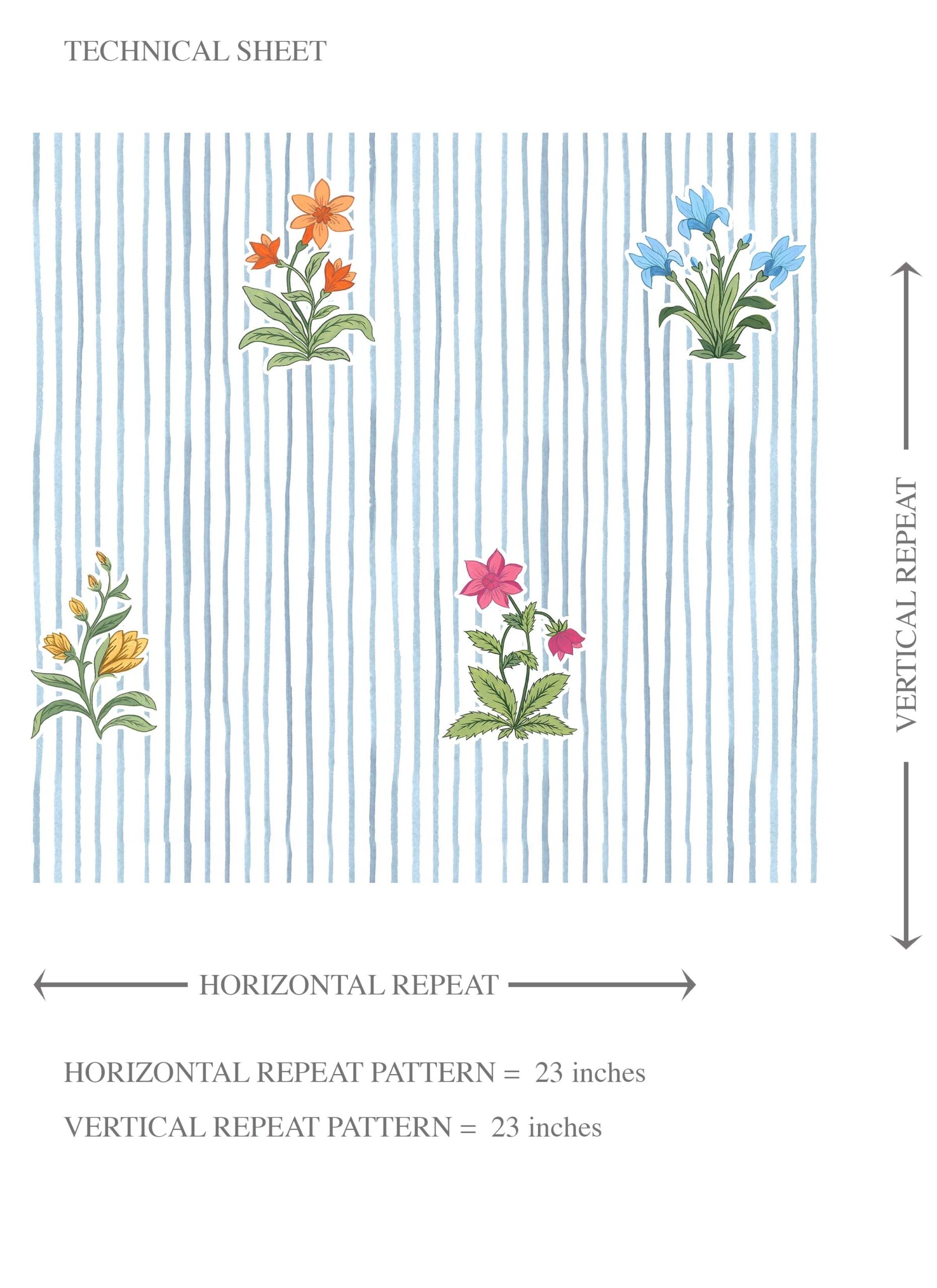 Floral Striped Block Print Kids Room Wallpaper (Blue/ Pink/ Green/ Orange )