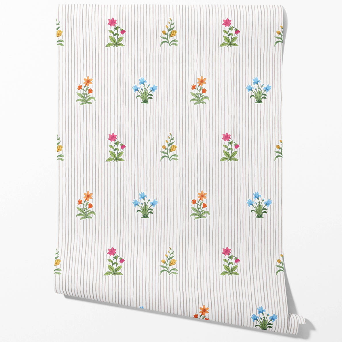 Floral Striped Block Print Traditional Wallpaper Sample (Gray/ Pink/ Green/ Blue)