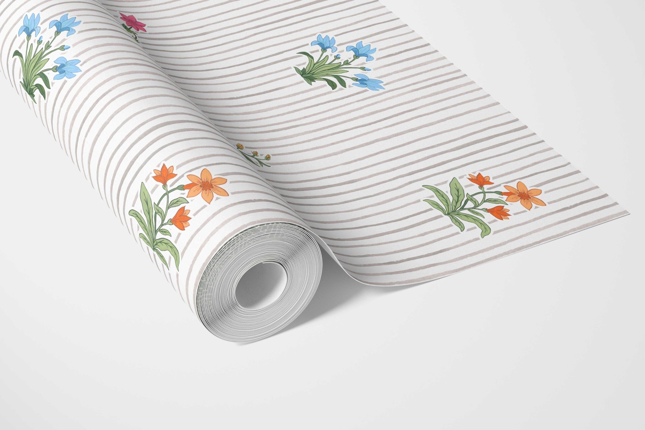 Floral Striped Block Print Kitchen Wallpaper Sample (Gray/ Pink/ Green/ Blue)
