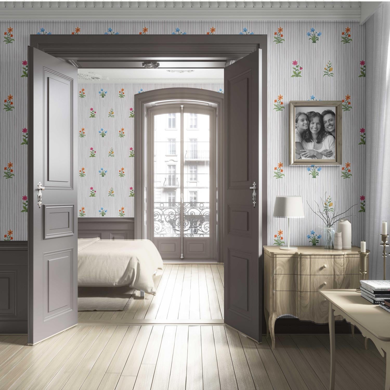 Floral Striped Block Print Nursery Wallpaper Sample (Gray/ Pink/ Green/ Blue)