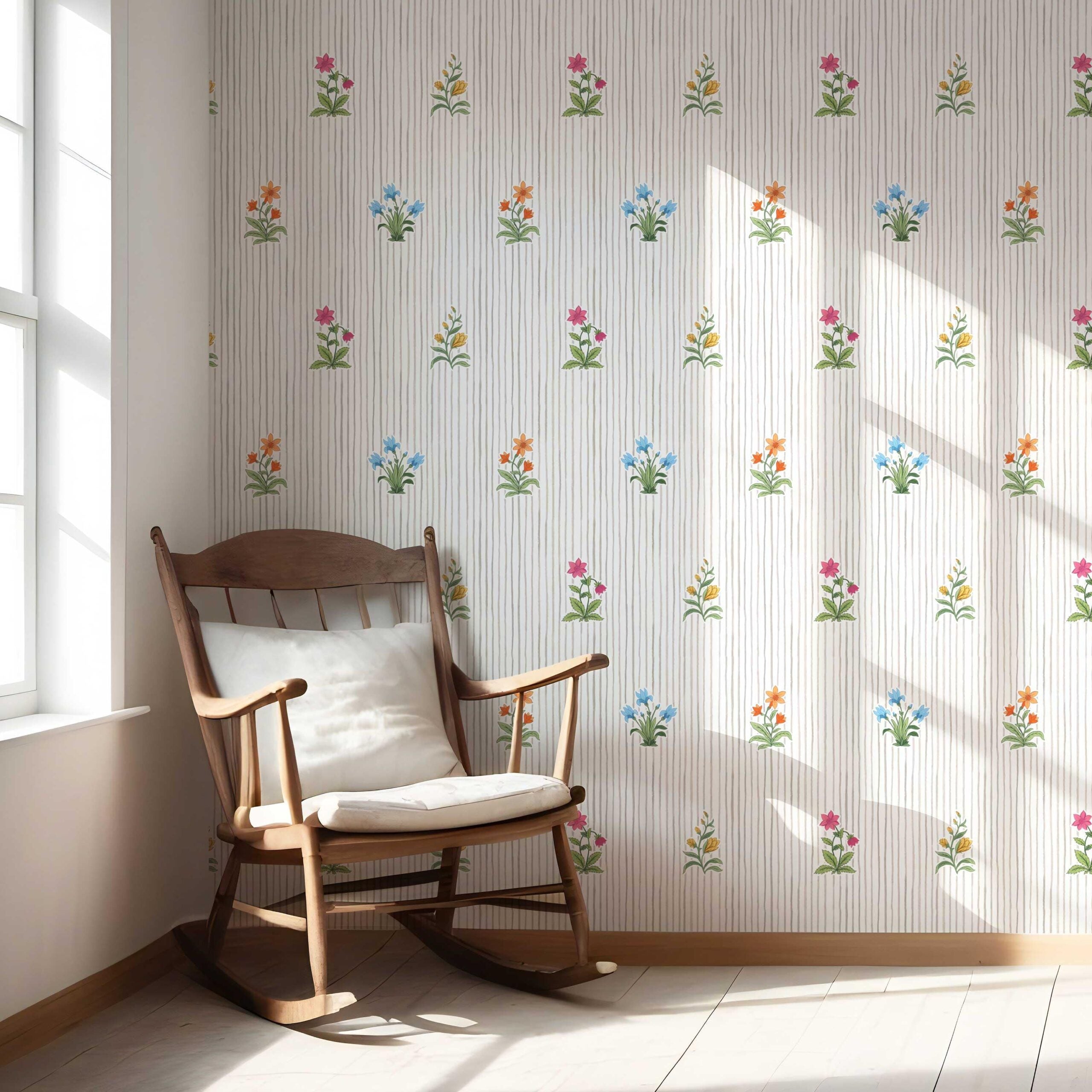 Floral Striped Block Print Shower Toilet Wallpaper Sample (Gray/ Pink/ Green/ Blue)
