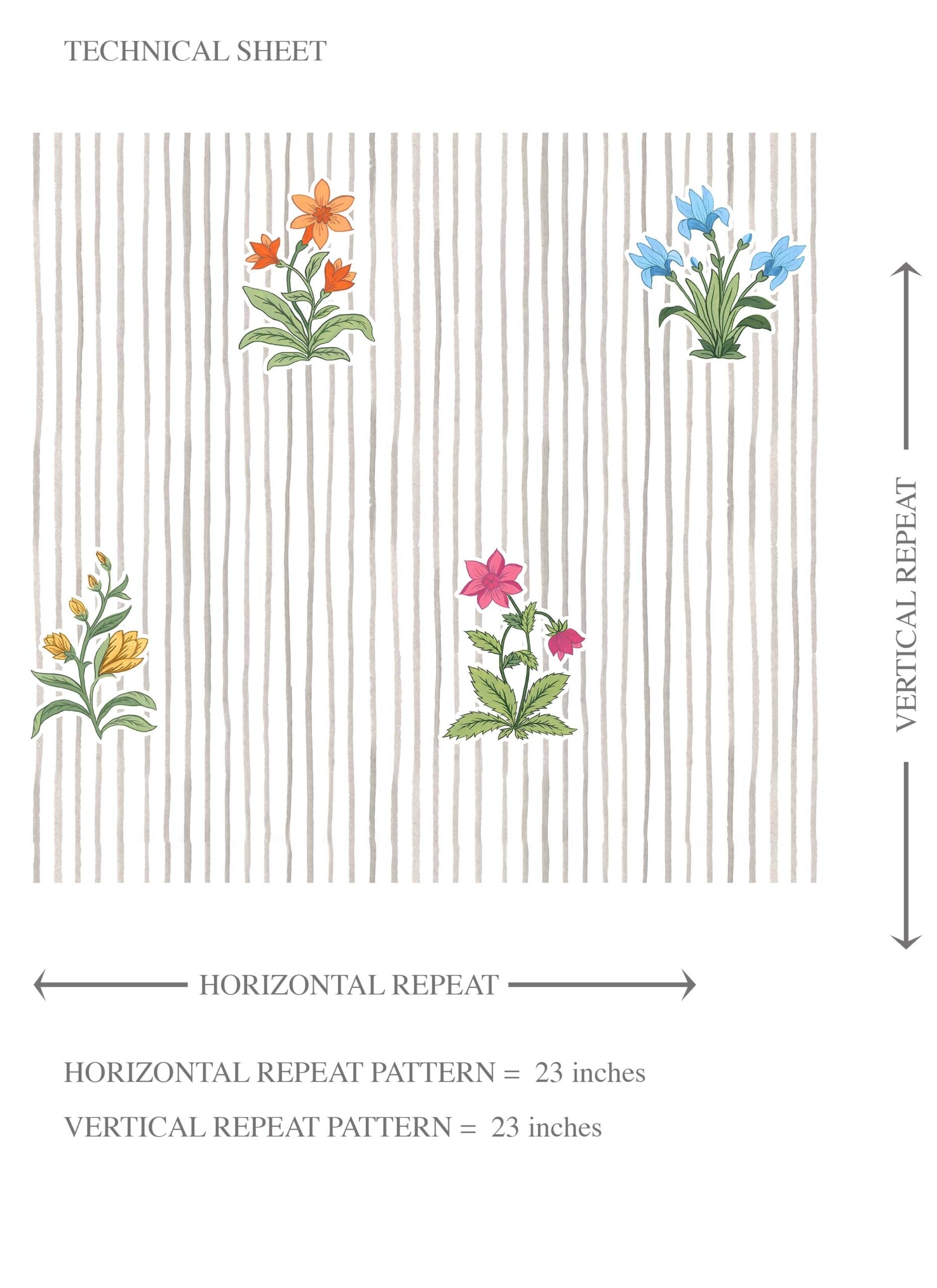 Floral Striped Block Print Kids Room Wallpaper Sample (Gray/ Pink/ Green/ Blue)