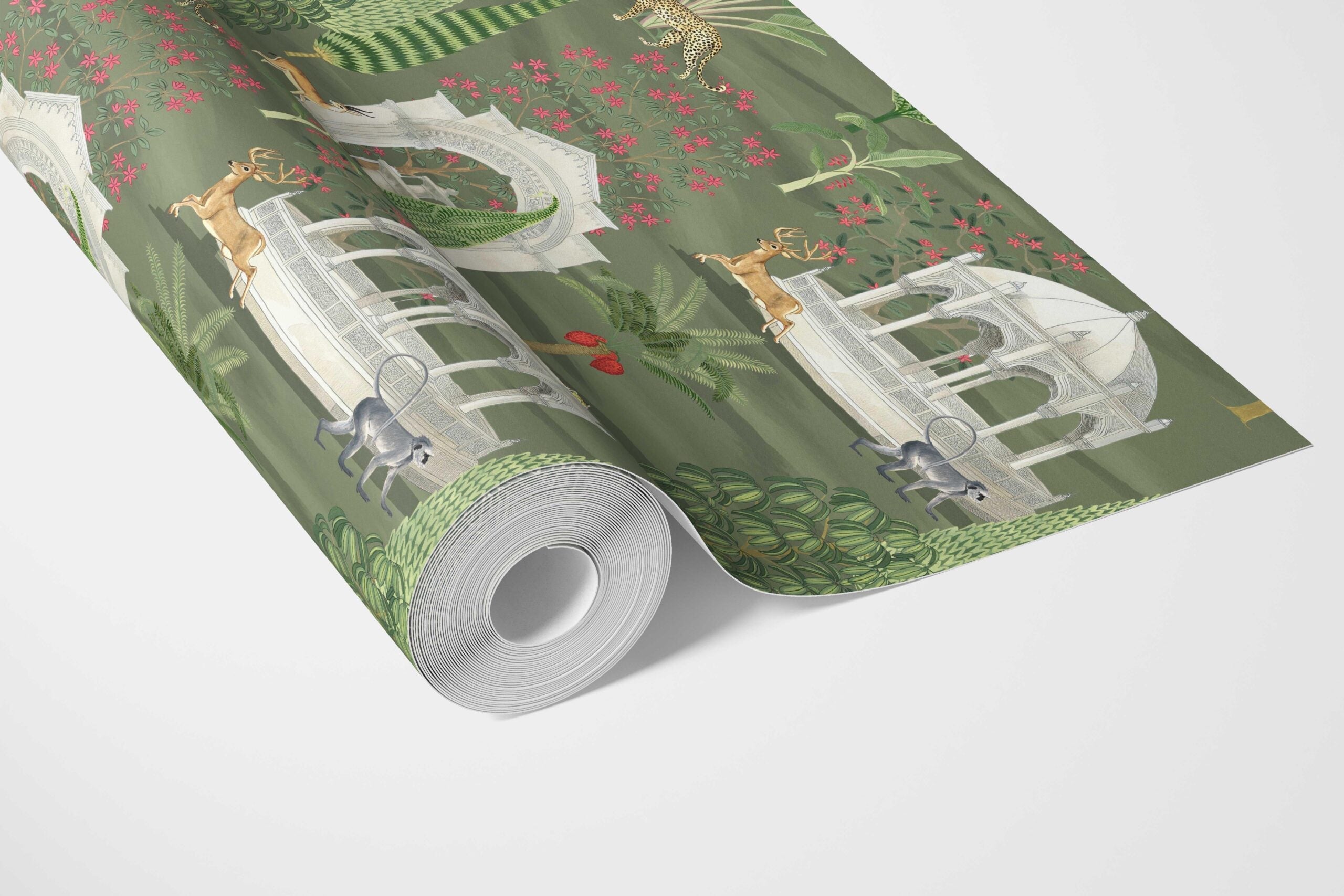 Vintage Heritage/ Ethnic Chinoiserie Bathroom Wallpaper Sample (Green/ White/ Pink/ Beige/ Tan)