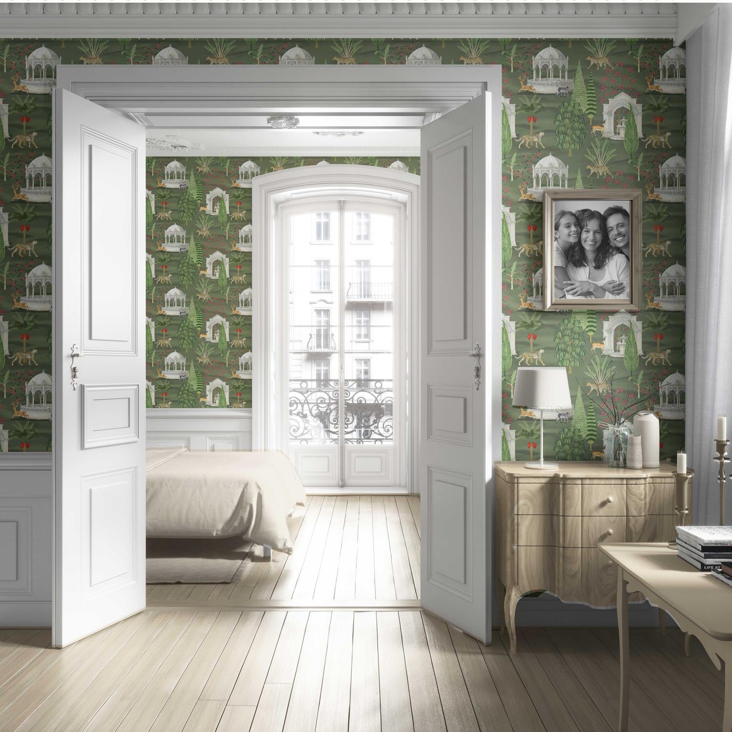 Vintage Heritage/ Ethnic Chinoiserie Living Room Wallpaper Sample (Green/ White/ Pink/ Beige/ Tan)