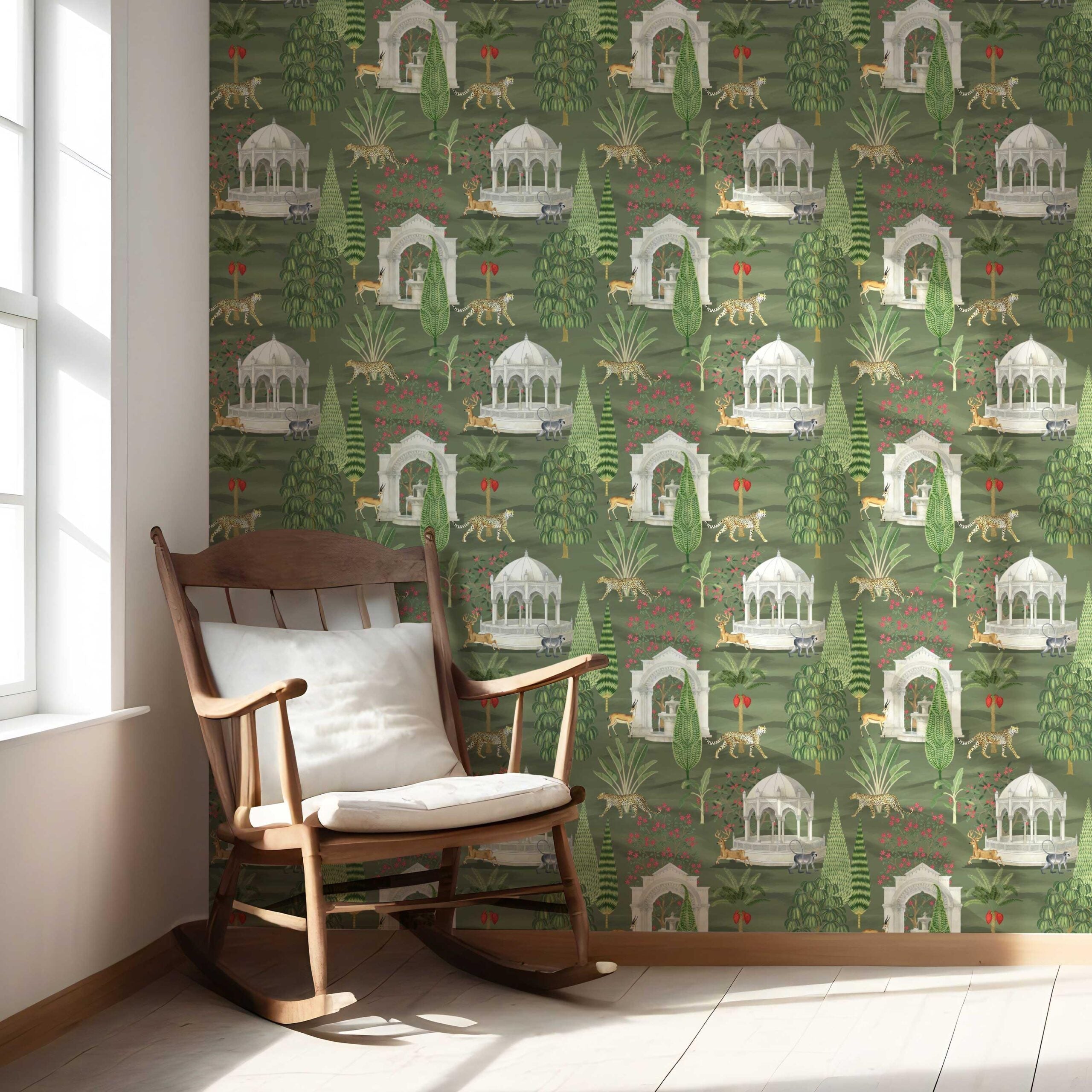 Vintage Heritage/ Ethnic Chinoiserie Nursery Wallpaper Sample (Green/ White/ Pink/ Beige/ Tan)