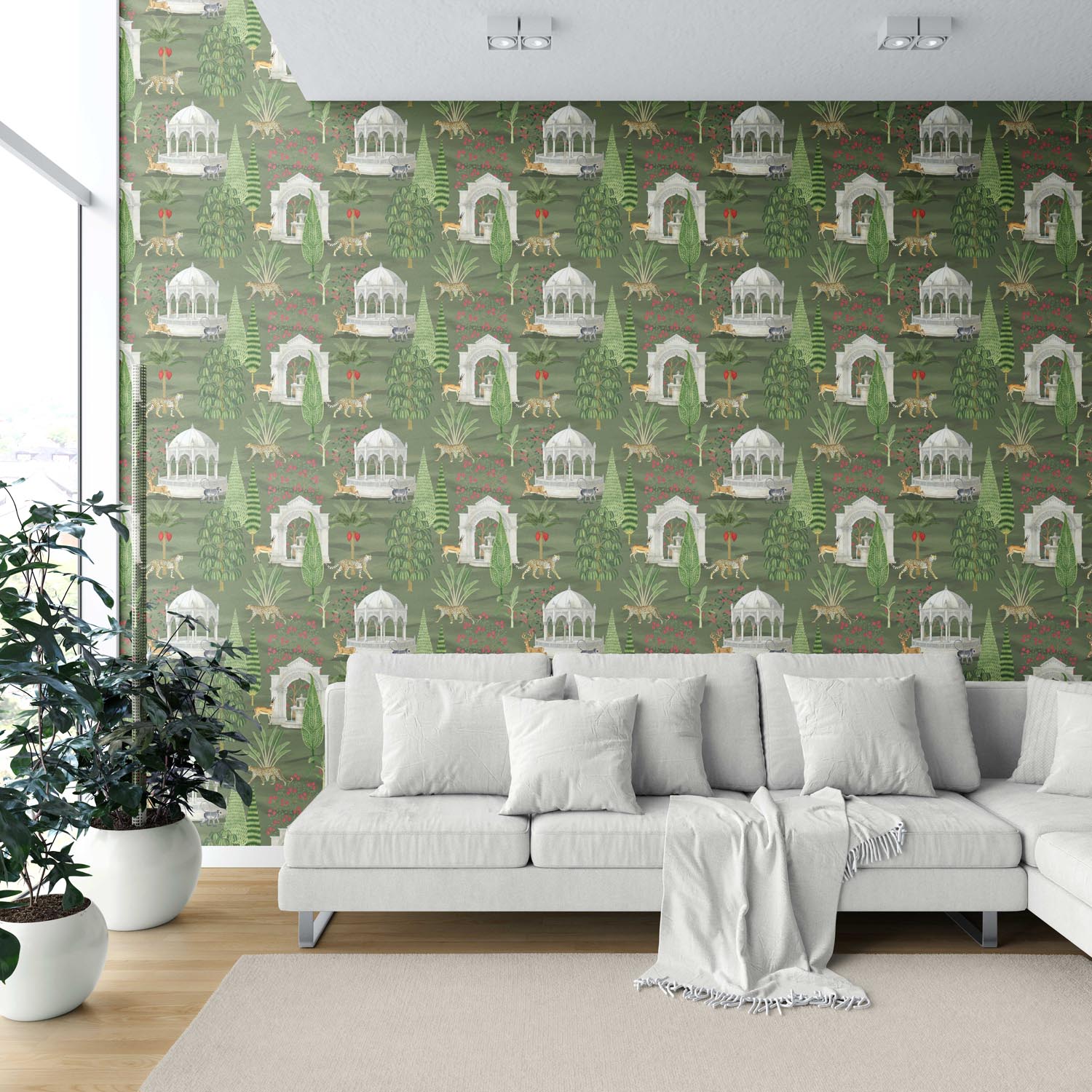 Vintage Heritage/ Ethnic Chinoiserie Shower Toilet Wallpaper Sample (Green/ White/ Pink/ Beige/ Tan)