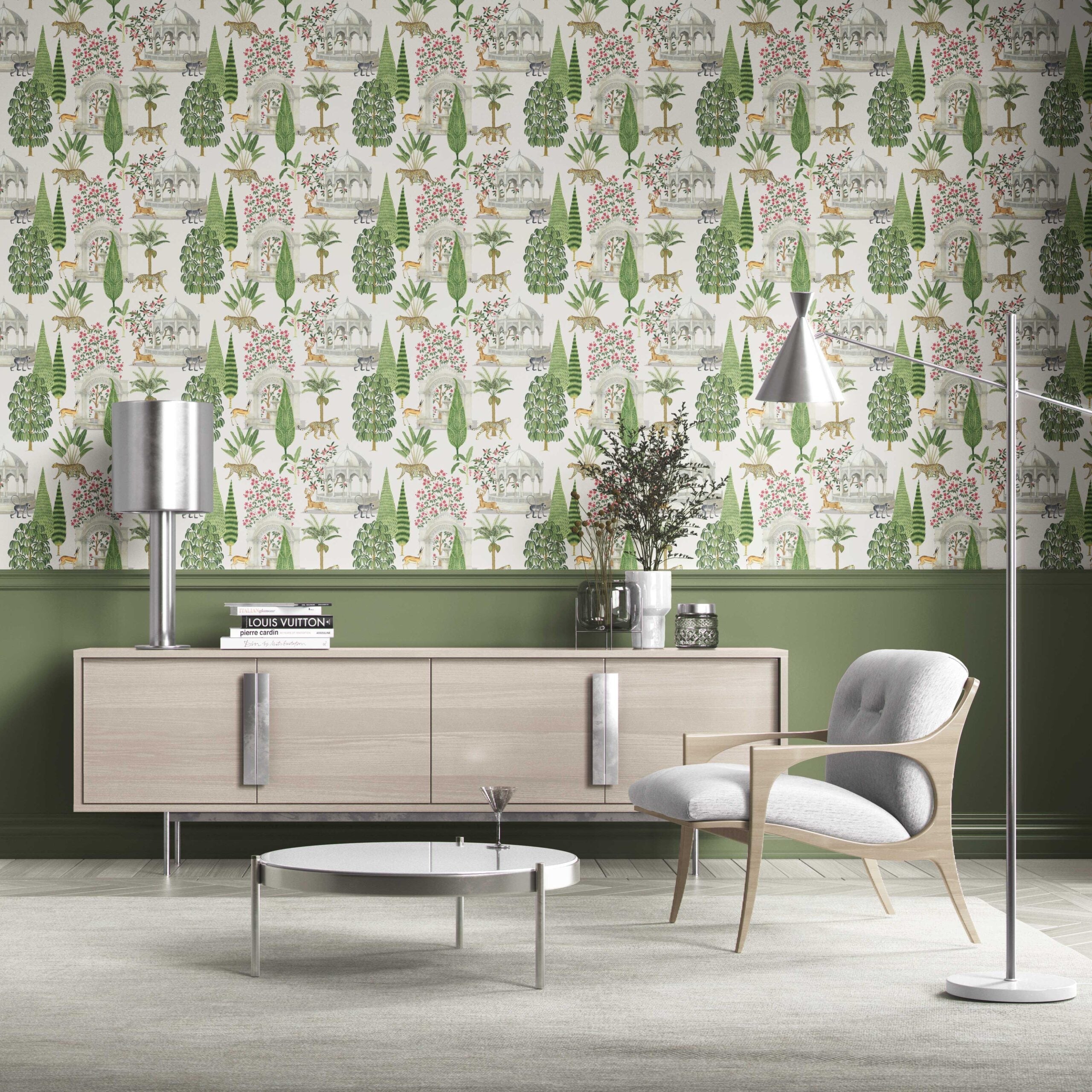Vintage Heritage/ Ethnic Chinoiserie Traditional Wallpaper Sample (White/ Green/ Pink/ Tan)
