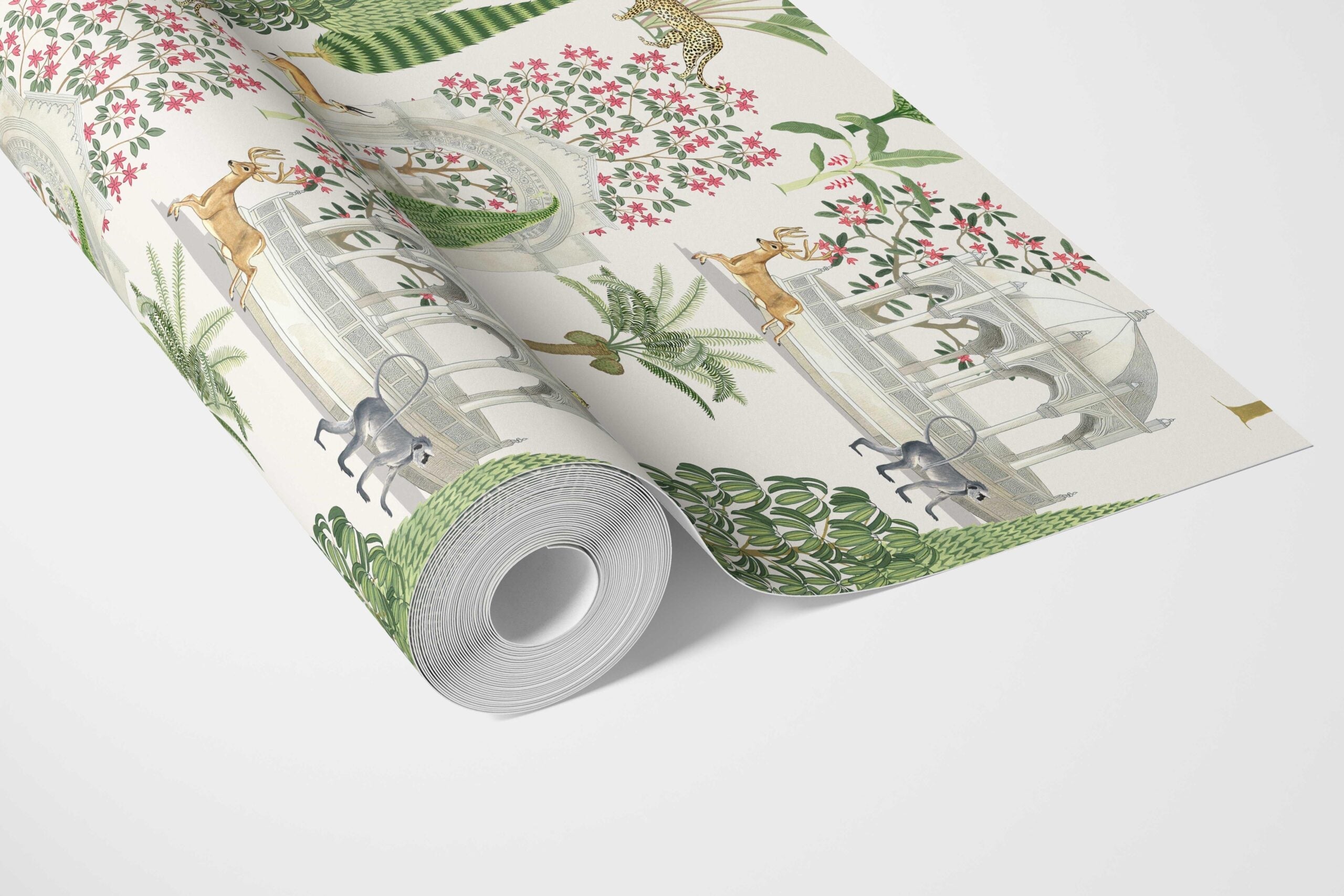 Vintage Heritage/ Ethnic Chinoiserie Bathroom Wallpaper (White/ Green/ Pink/ Tan)