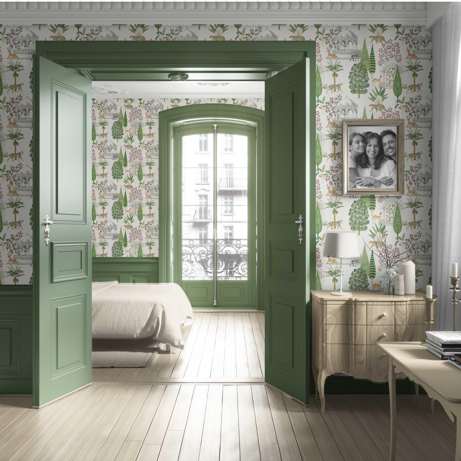 Vintage Heritage/ Ethnic Chinoiserie Living Room Wallpaper (White/ Green/ Pink/ Tan)