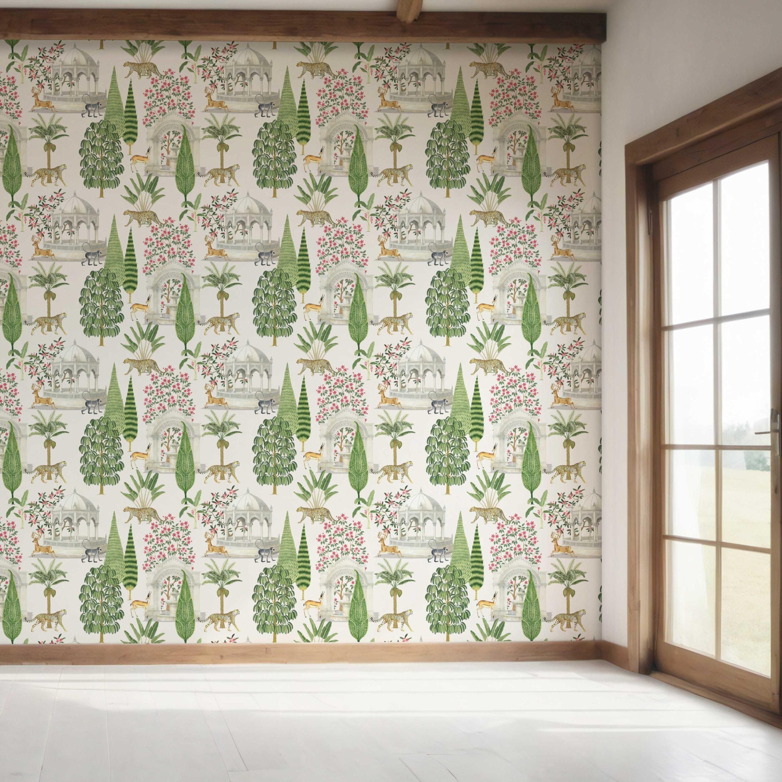 Vintage Heritage/ Ethnic Chinoiserie Bedroom Wallpaper (White/ Green/ Pink/ Tan)