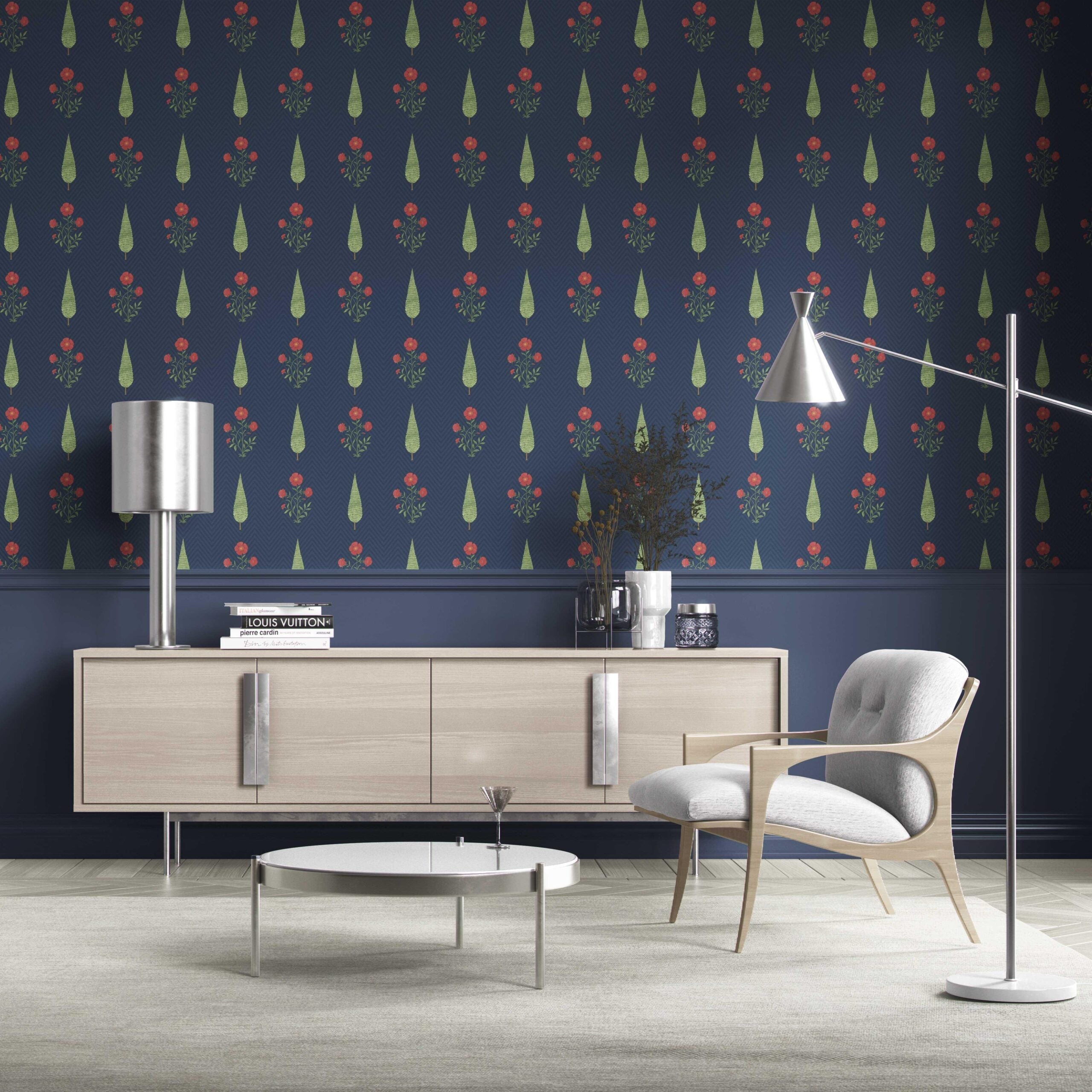 Botanical/ Floral Block Print Kitchen Wallpaper Sample (Navy Blue/ Red/ Green)