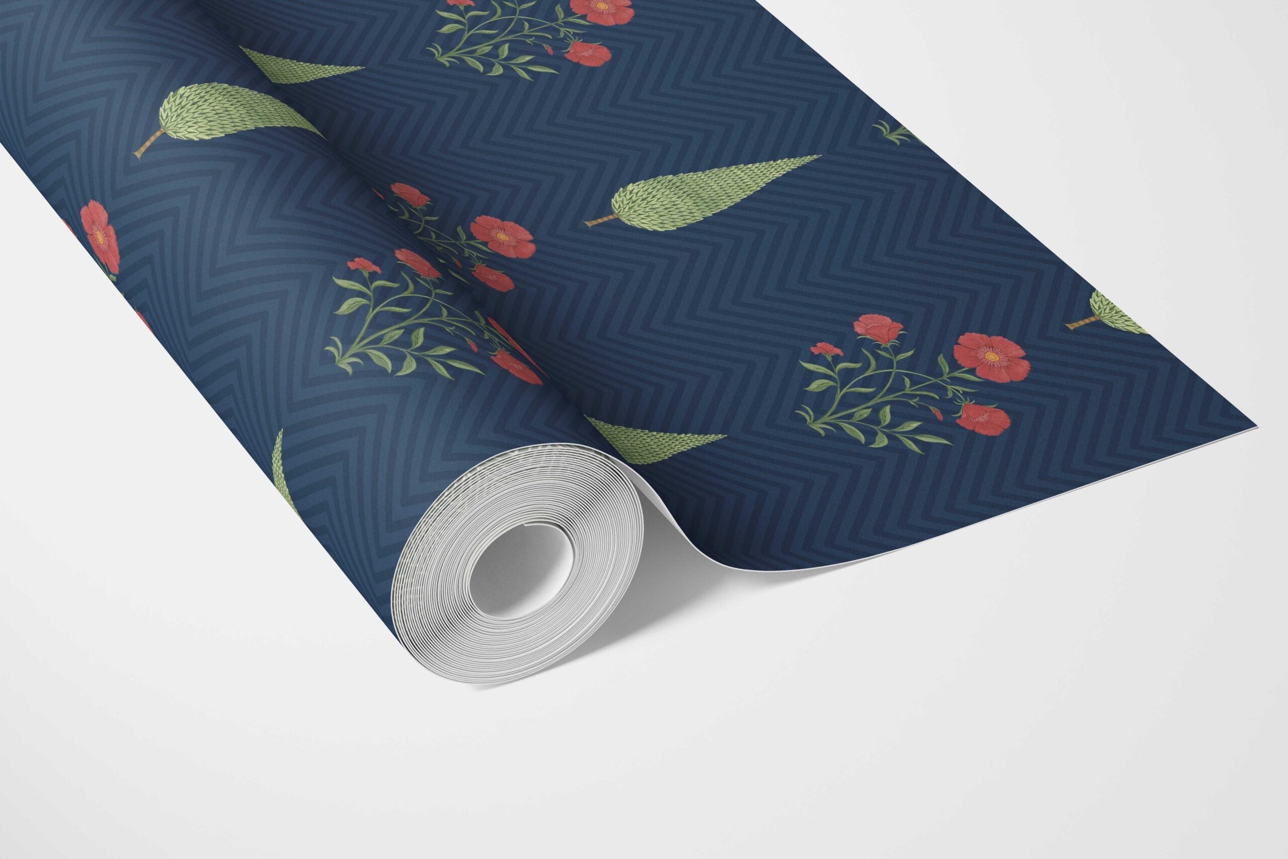 Botanical/ Floral Block Print Bathroom Wallpaper Sample (Navy Blue/ Red/ Green)