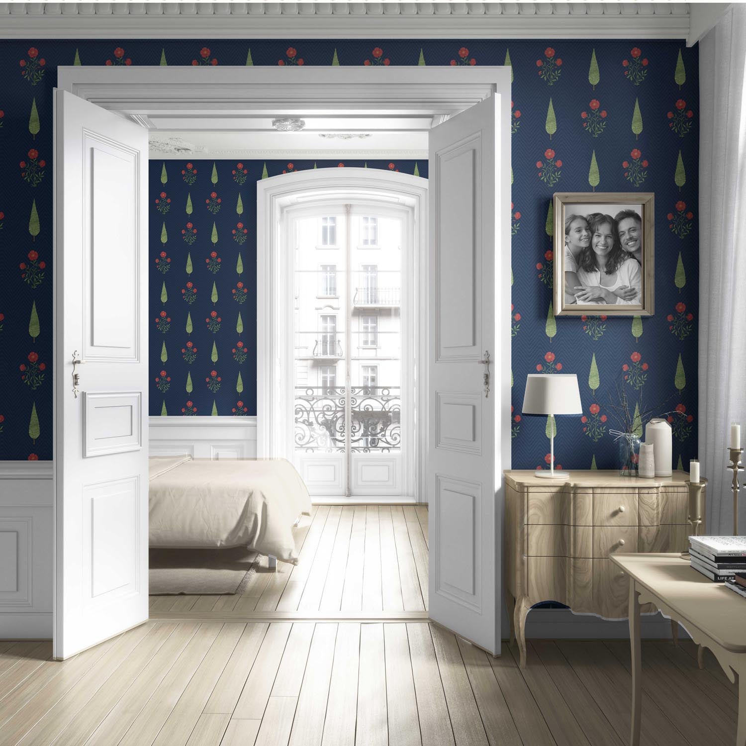Botanical/ Floral Block Print Living Room Wallpaper Sample (Navy Blue/ Red/ Green)