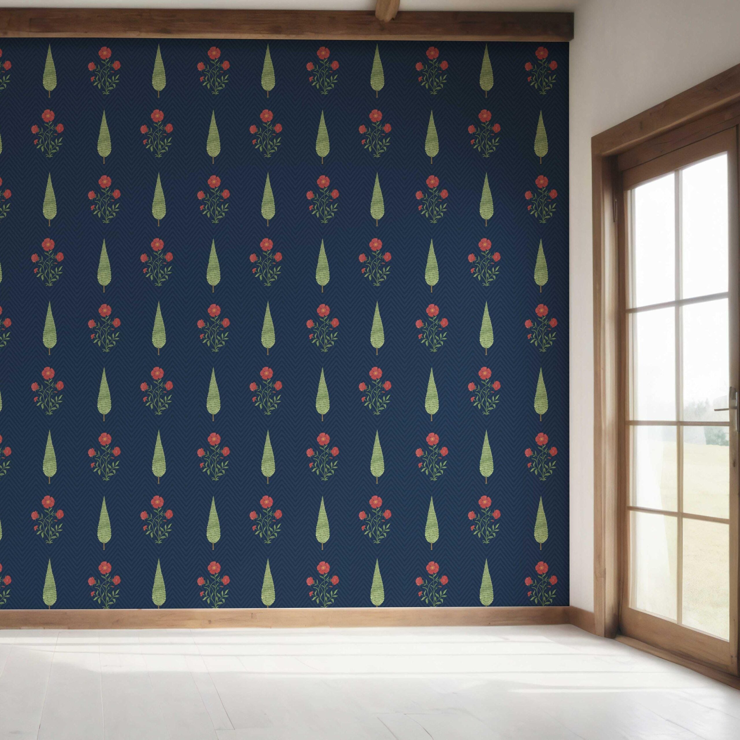 Botanical/ Floral Block Print Bedroom Wallpaper Sample (Navy Blue/ Red/ Green)