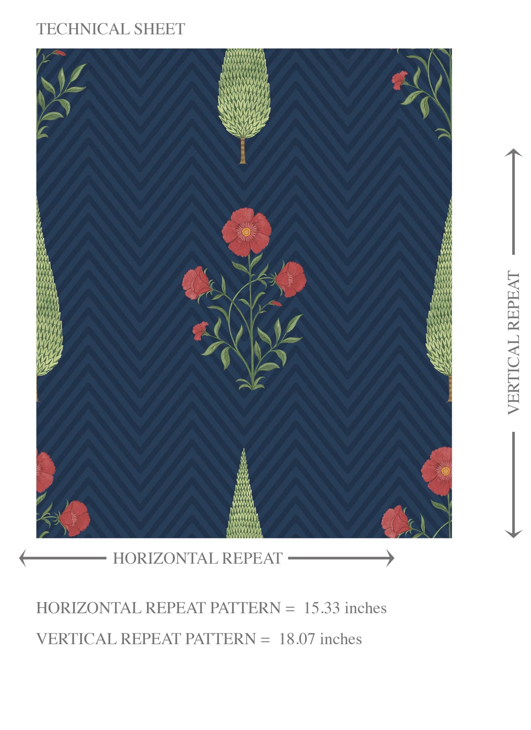 Botanical/ Floral Block Print Kids Room Wallpaper Sample (Navy Blue/ Red/ Green)