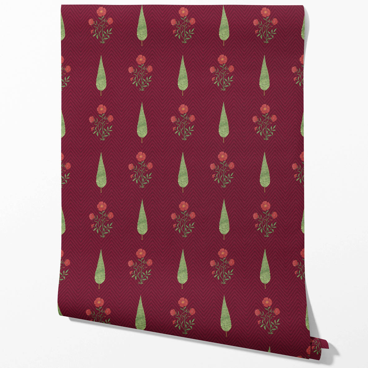 Botanical/ Floral Block Print Traditional Wallpaper (Red/ Maroon/ Green)