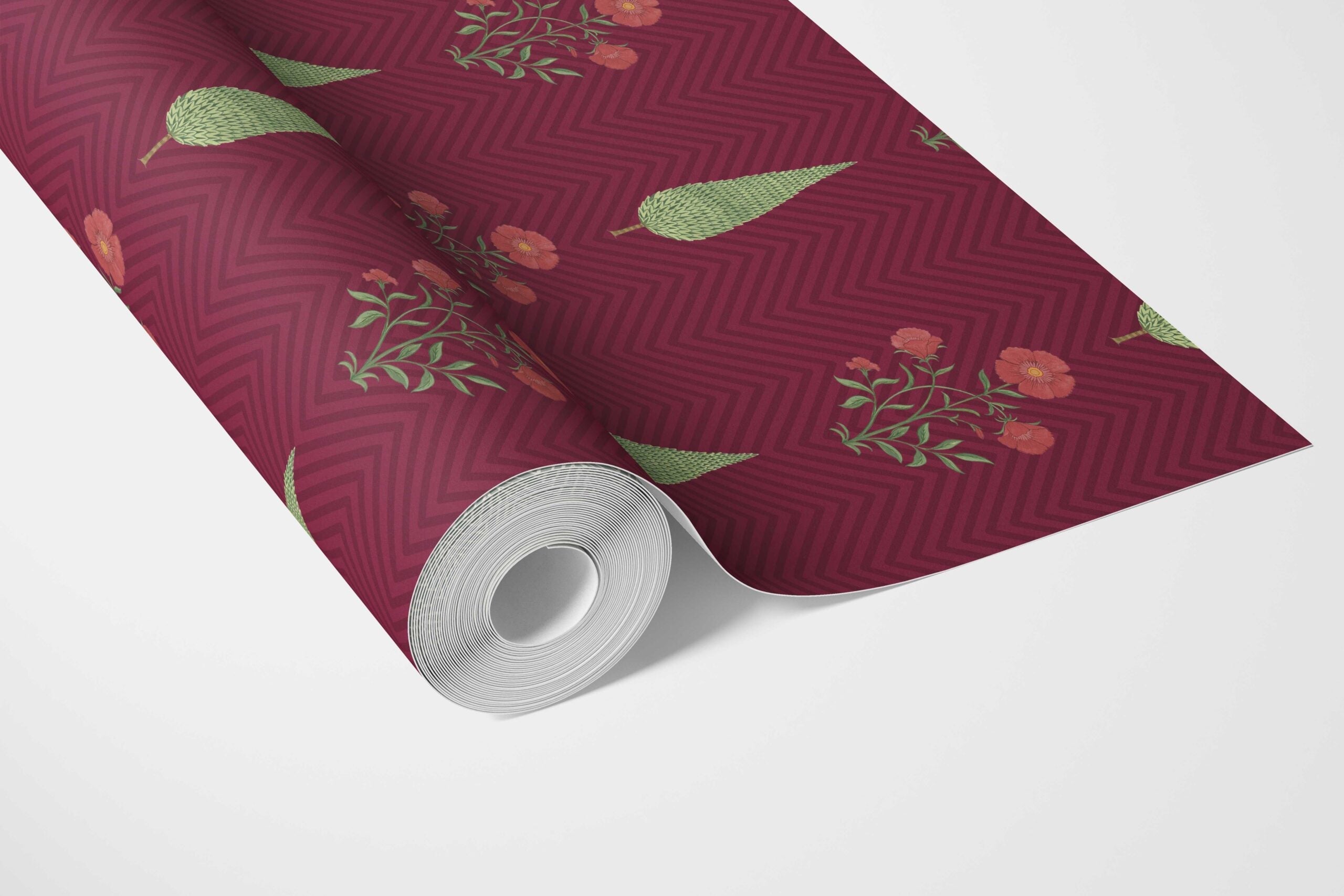 Botanical/ Floral Block Print Bathroom Wallpaper (Red/ Maroon/ Green)