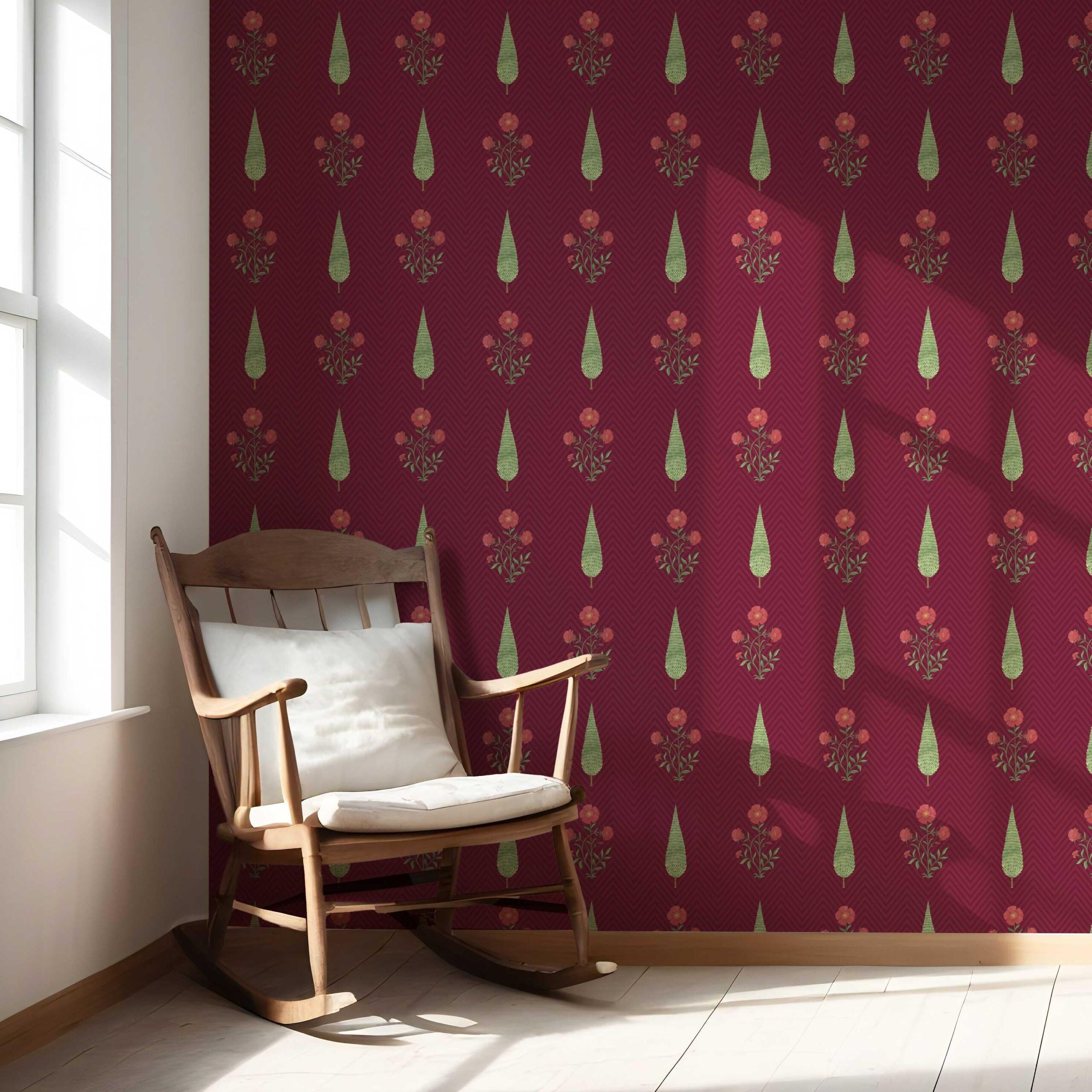 Botanical/ Floral Block Print Nursery Wallpaper (Red/ Maroon/ Green)