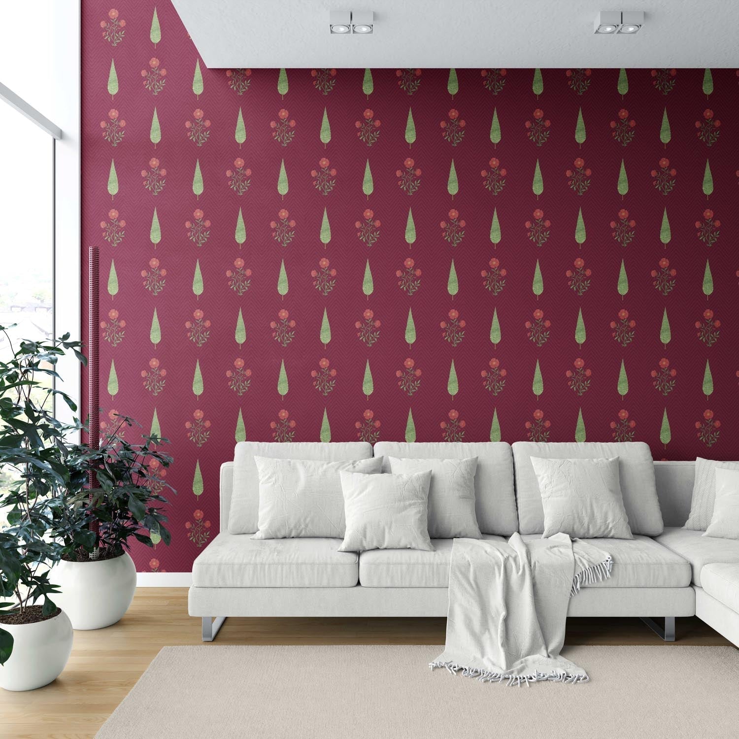 Botanical/ Floral Block Print Shower Toilet Wallpaper (Red/ Maroon/ Green)