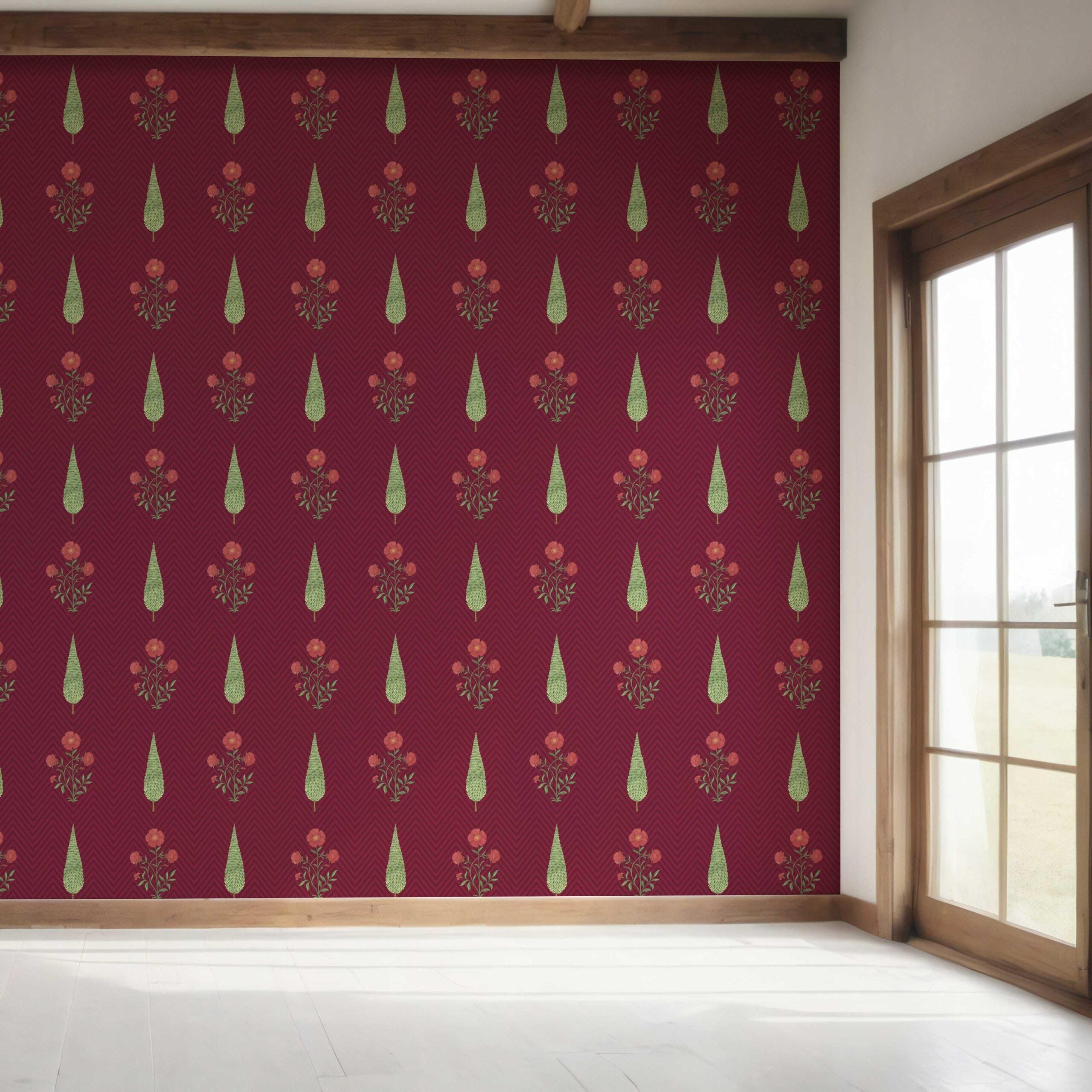 Botanical/ Floral Block Print Bedroom Wallpaper (Red/ Maroon/ Green)