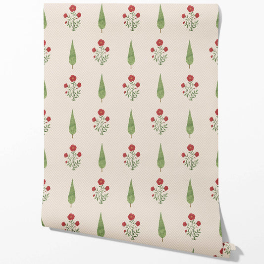 Botanical/ Floral Block Print Traditional Wallpaper (Beige/ Red/ Green)