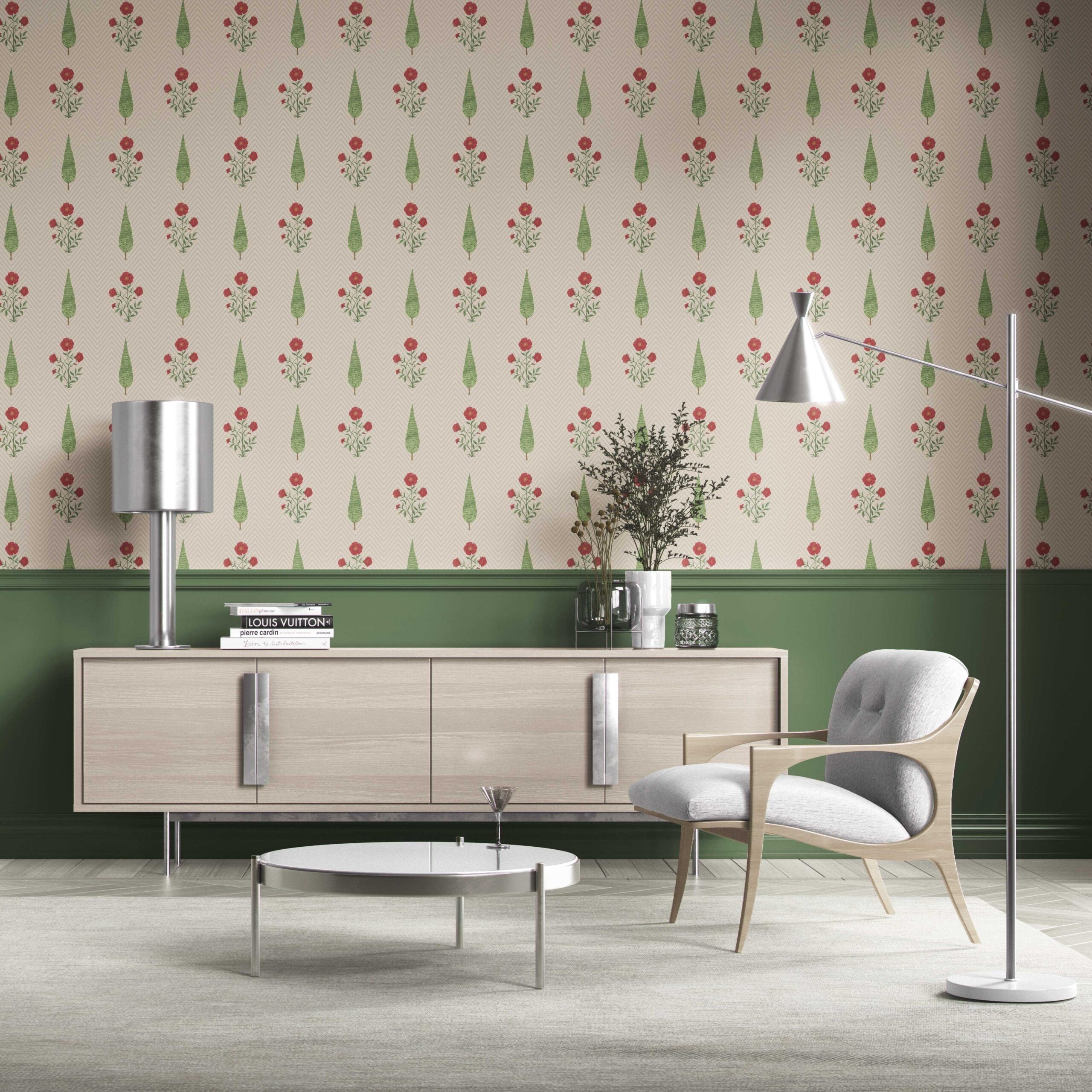 Botanical/ Floral Block Print Kitchen Wallpaper Sample (Beige/ Red/ Green)