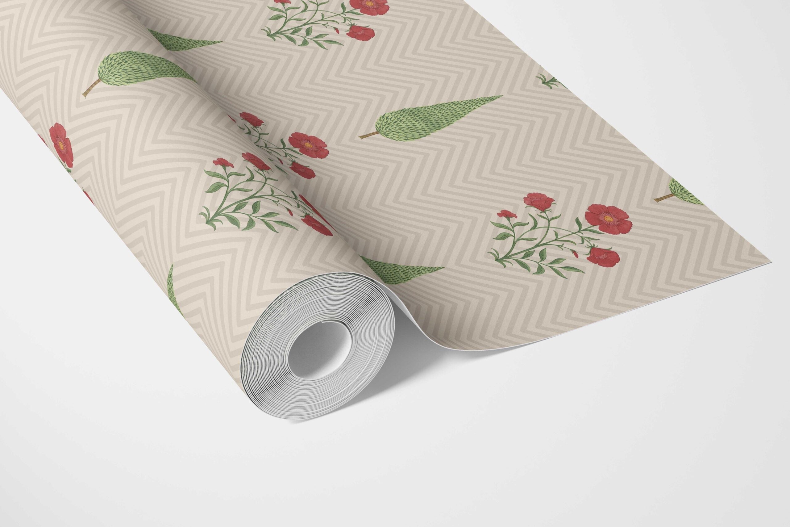 Botanical/ Floral Block Print Bathroom Wallpaper Sample (Beige/ Red/ Green)