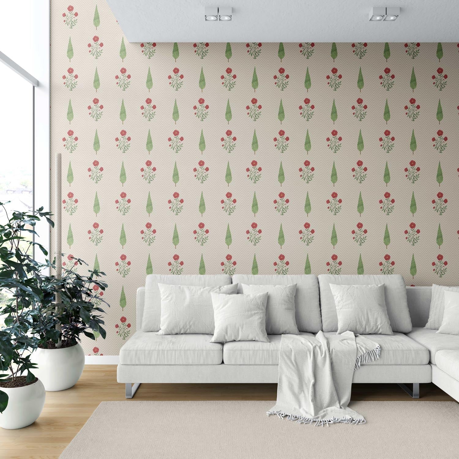 Botanical/ Floral Block Print Shower Toilet Wallpaper Sample (Beige/ Red/ Green)