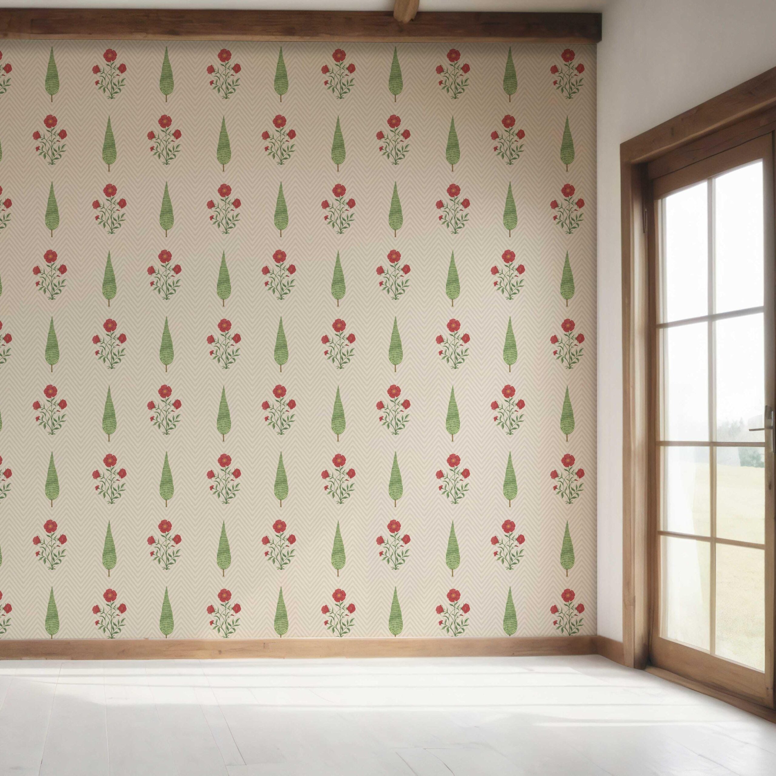 Botanical/ Floral Block Print Bedroom Wallpaper Sample (Beige/ Red/ Green)
