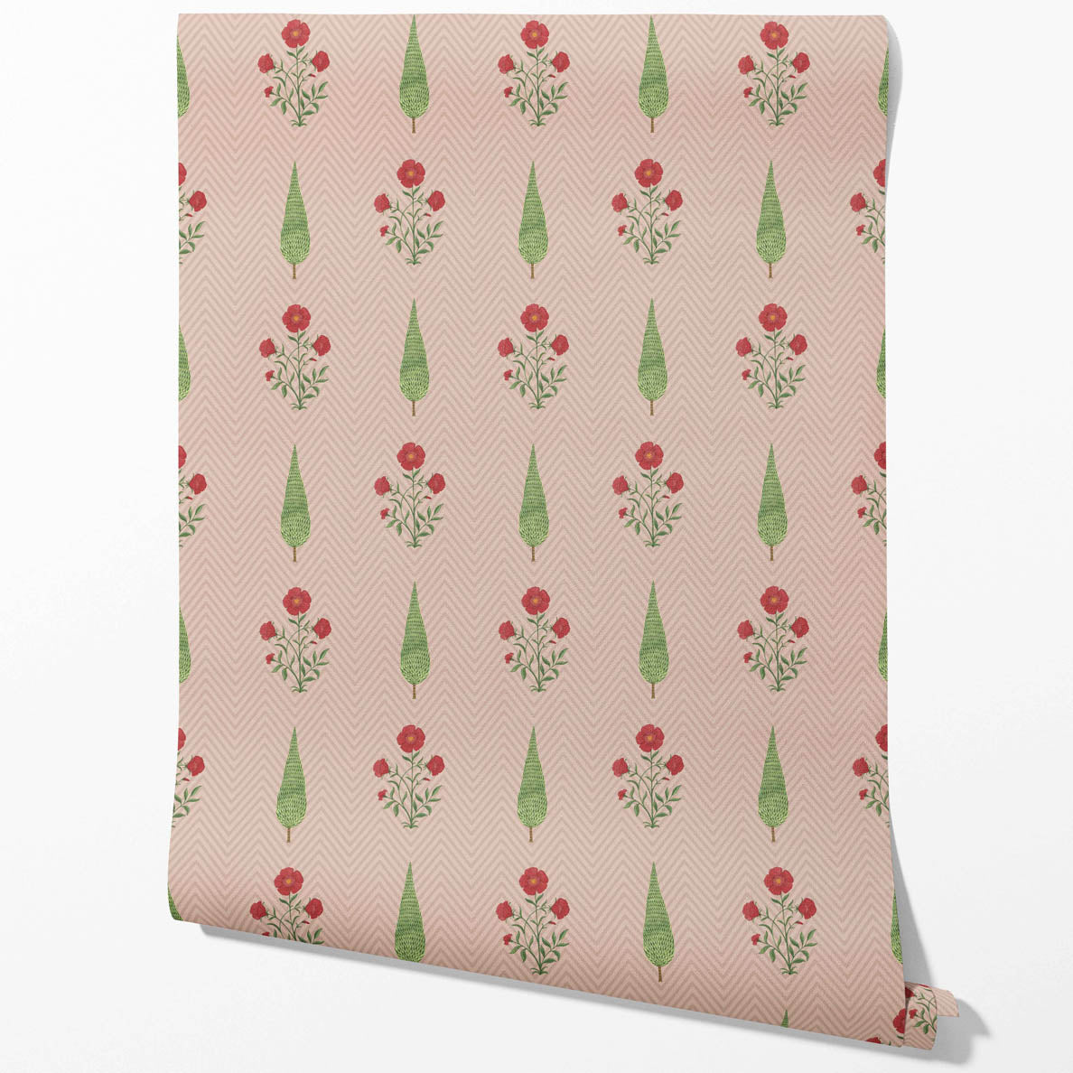 Botanical/ Floral Block Print Traditional Wallpaper (Pink/ Red/ Green)