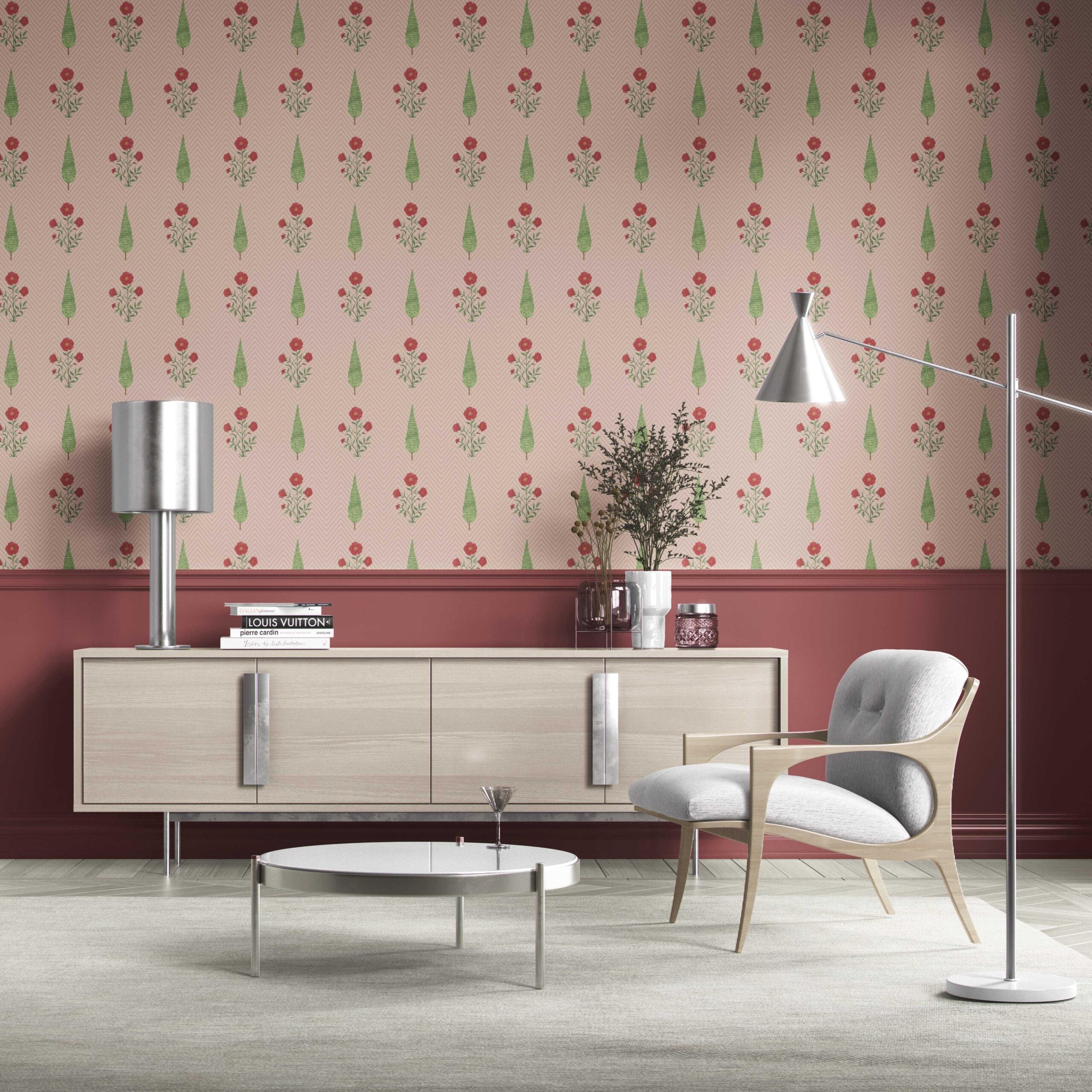 Botanical/ Floral Block Print Kitchen Wallpaper (Pink/ Red/ Green)