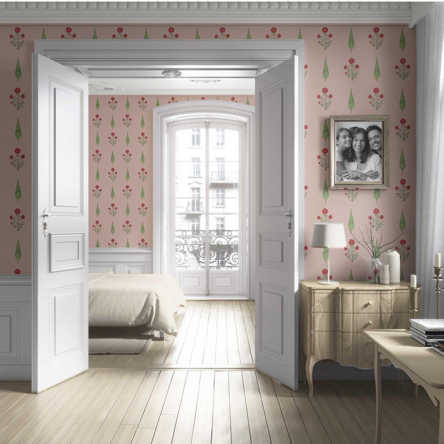Botanical/ Floral Block Print Living Room Wallpaper (Pink/ Red/ Green)