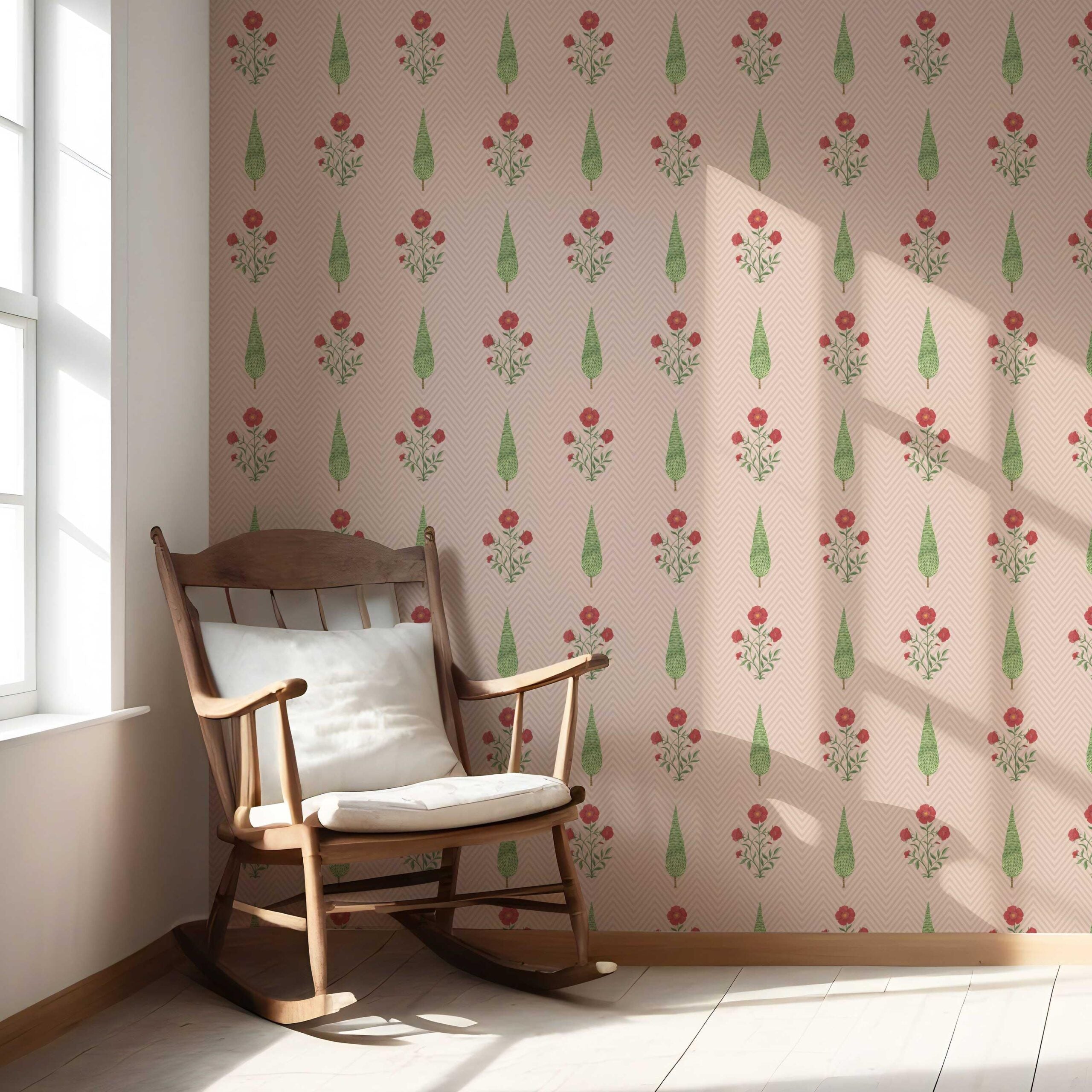 Botanical/ Floral Block Print Nursery Wallpaper (Pink/ Red/ Green)