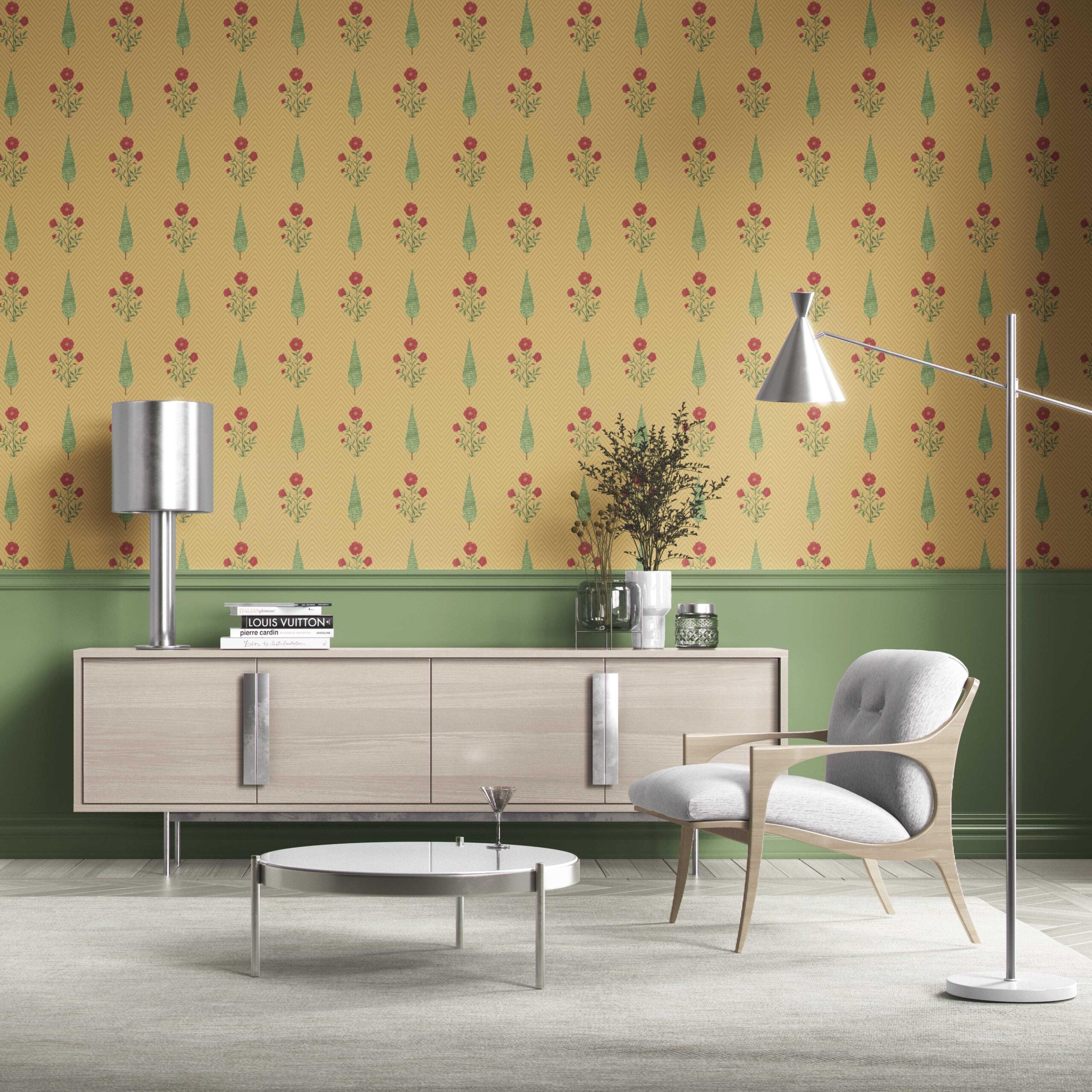 Botanical/ Floral Block Print Kitchen Wallpaper Sample (Yellow/ Red/ Green)