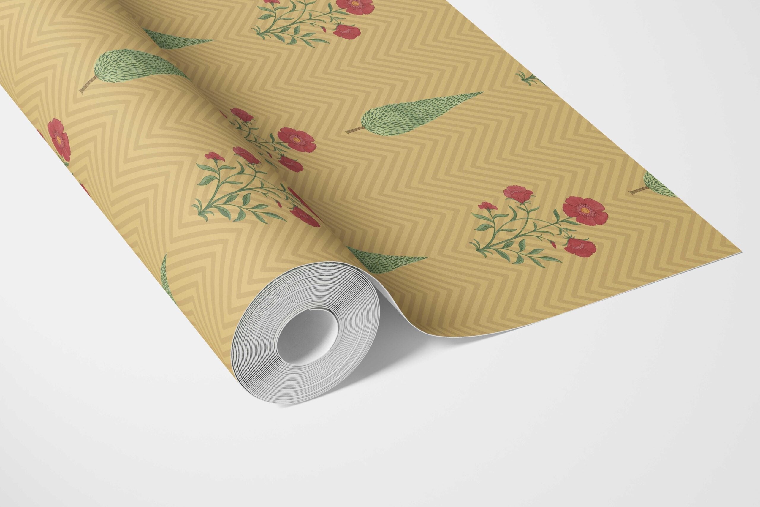 Botanical/ Floral Block Print Bathroom Wallpaper (Yellow/ Red/ Green)