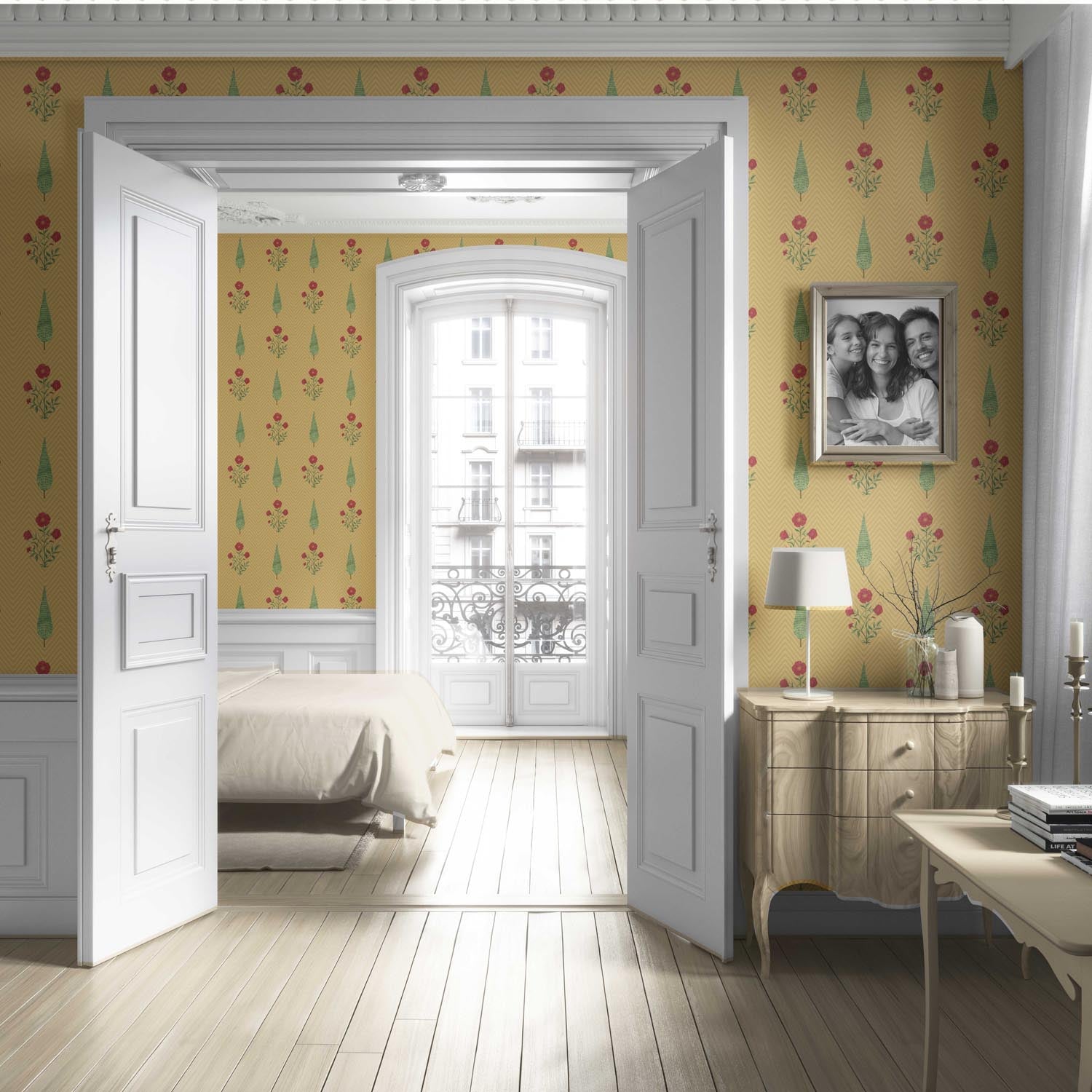 Botanical/ Floral Block Print Living Room Wallpaper Sample (Yellow/ Red/ Green)