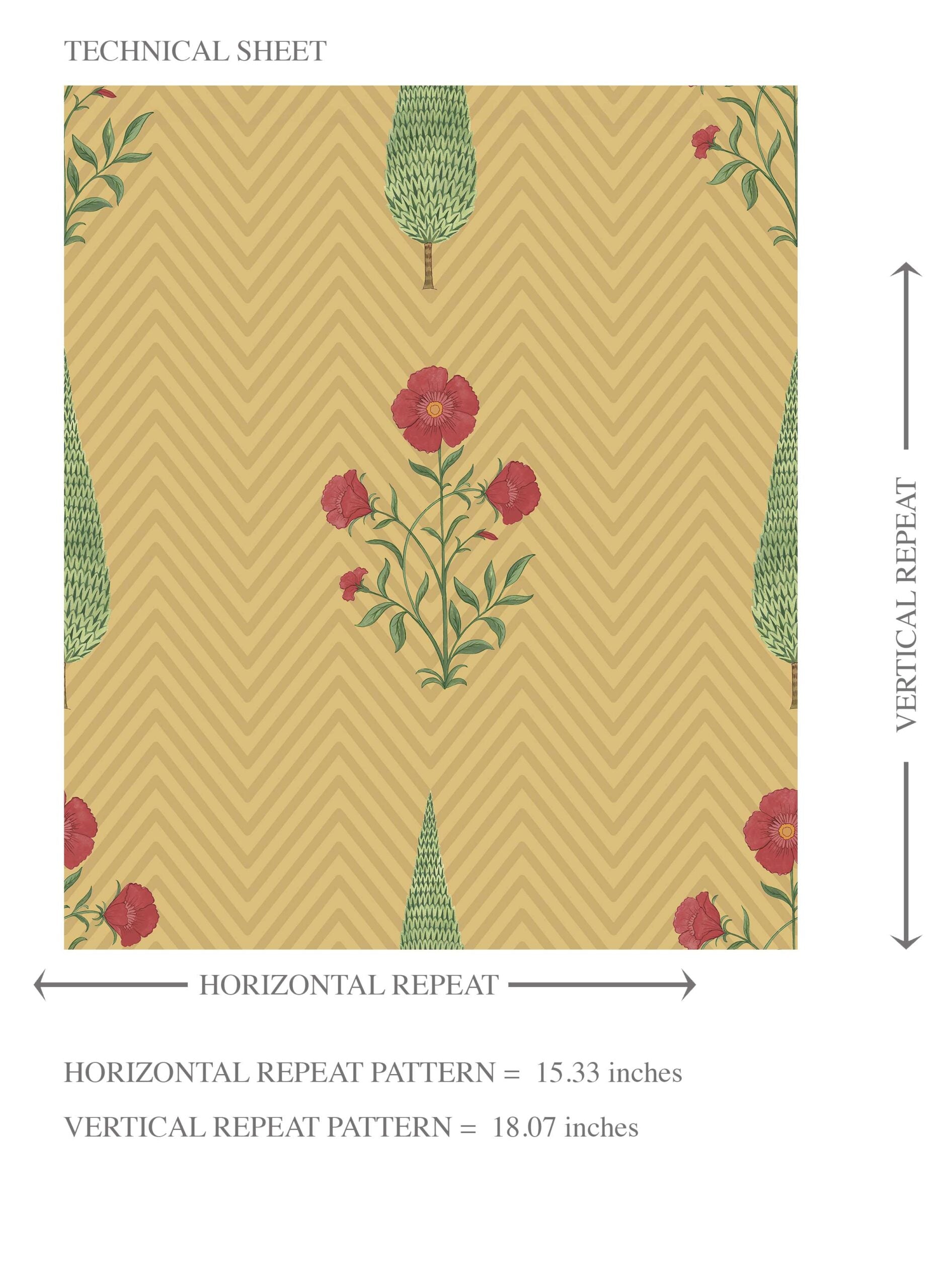 Botanical/ Floral Block Print Kids Room Wallpaper Sample (Yellow/ Red/ Green)
