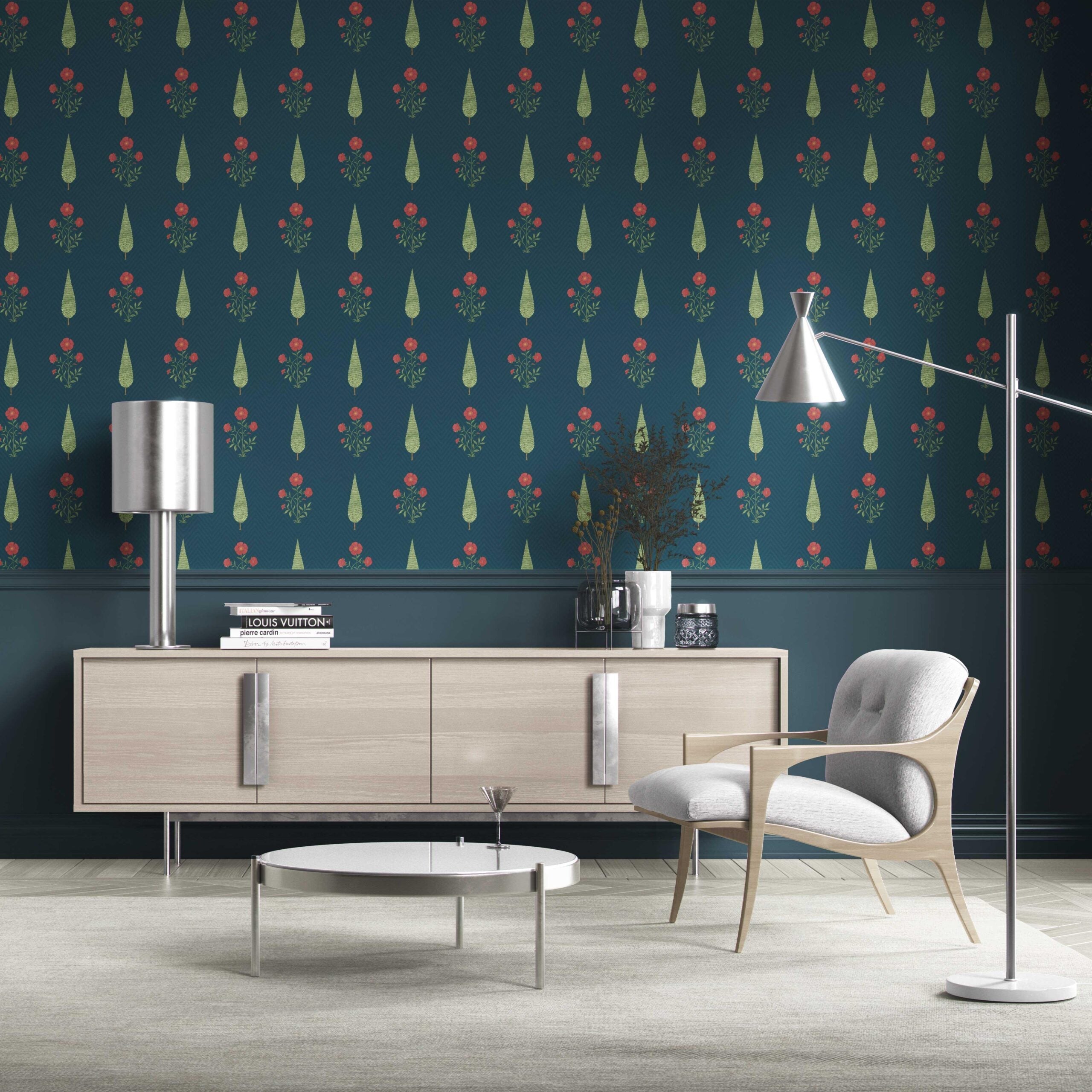 Botanical/ Floral Block Print Kitchen Wallpaper (Teal Blue/ Red/ Green)