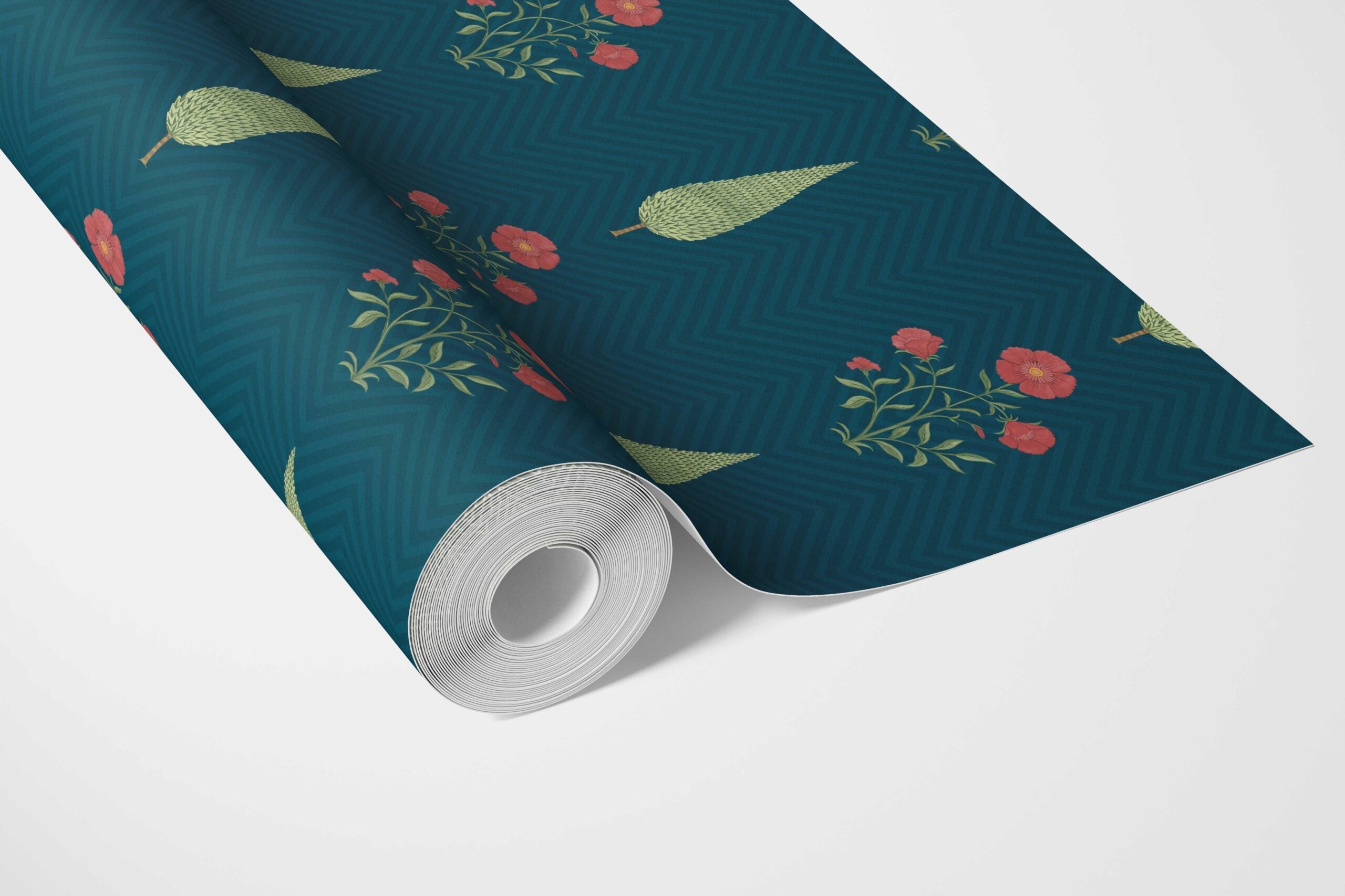 Botanical/ Floral Block Print Bathroom Wallpaper Sample (Teal Blue/ Red/ Green)