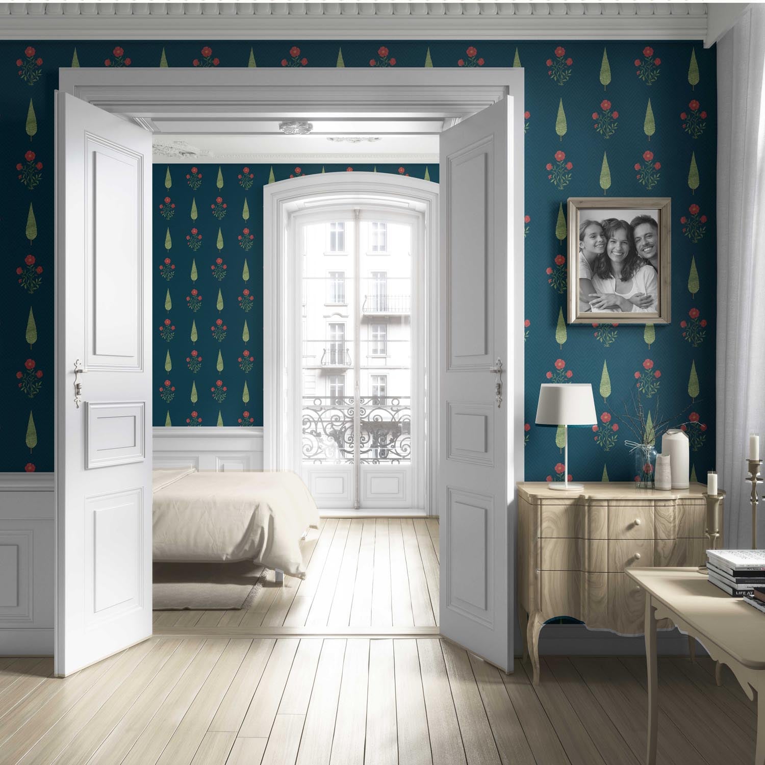 Botanical/ Floral Block Print Living Room Wallpaper (Teal Blue/ Red/ Green)