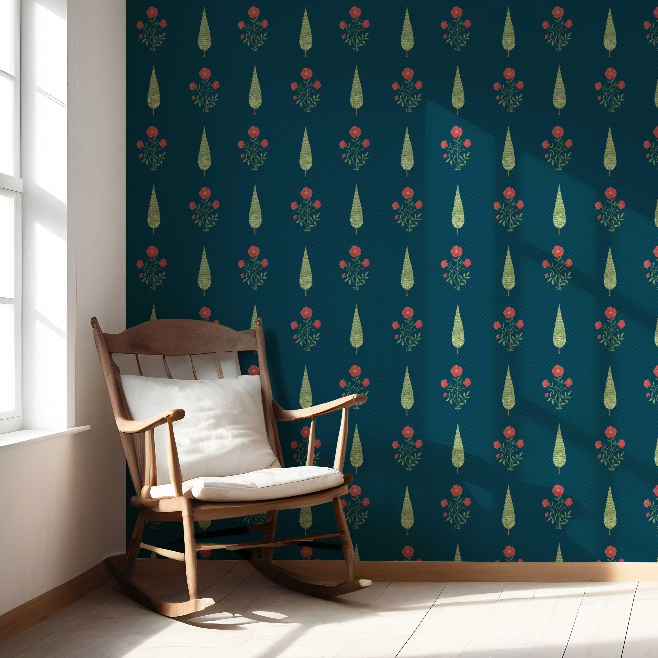 Botanical/ Floral Block Print Nursery Wallpaper (Teal Blue/ Red/ Green)