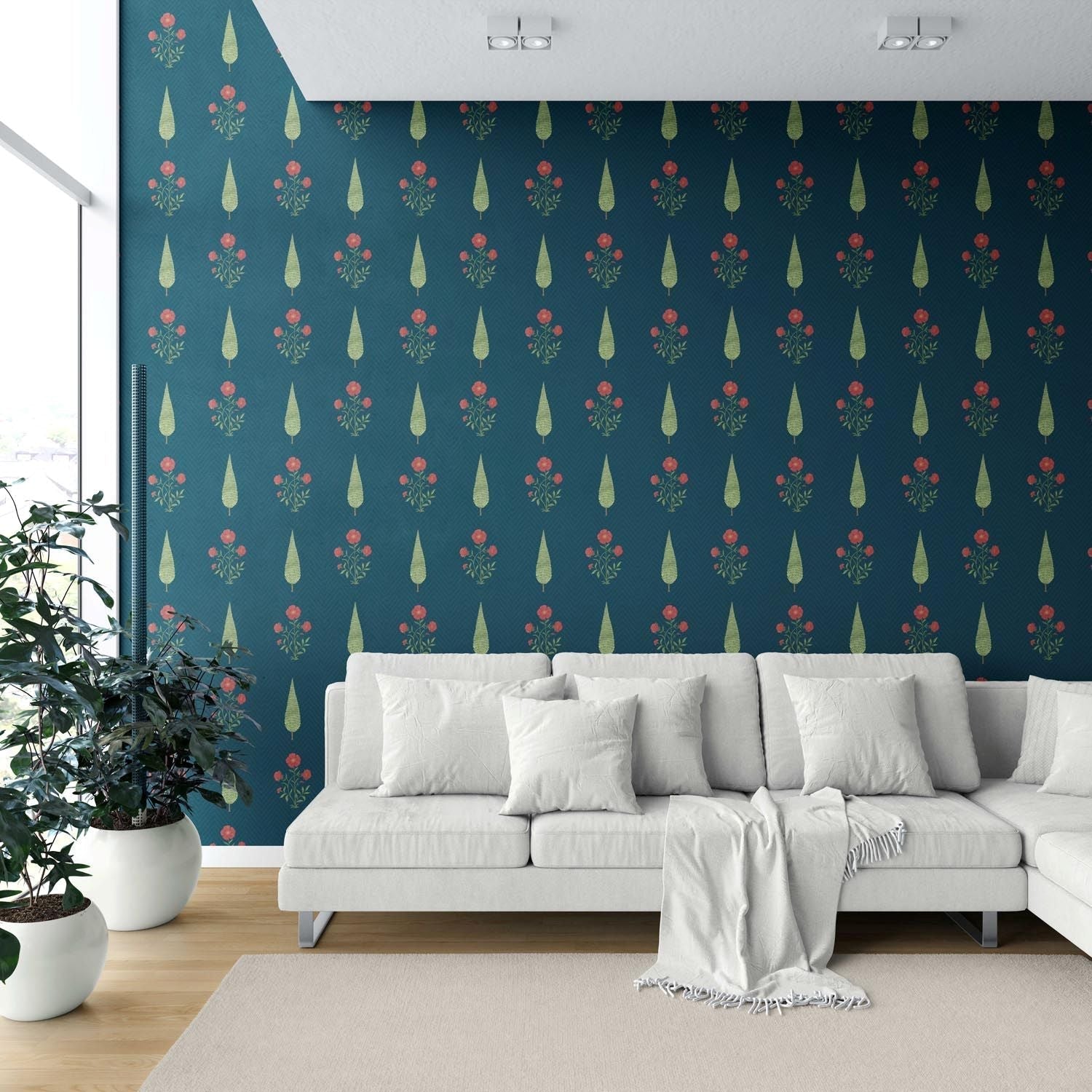 Botanical/ Floral Block Print Shower Toilet Wallpaper (Teal Blue/ Red/ Green)