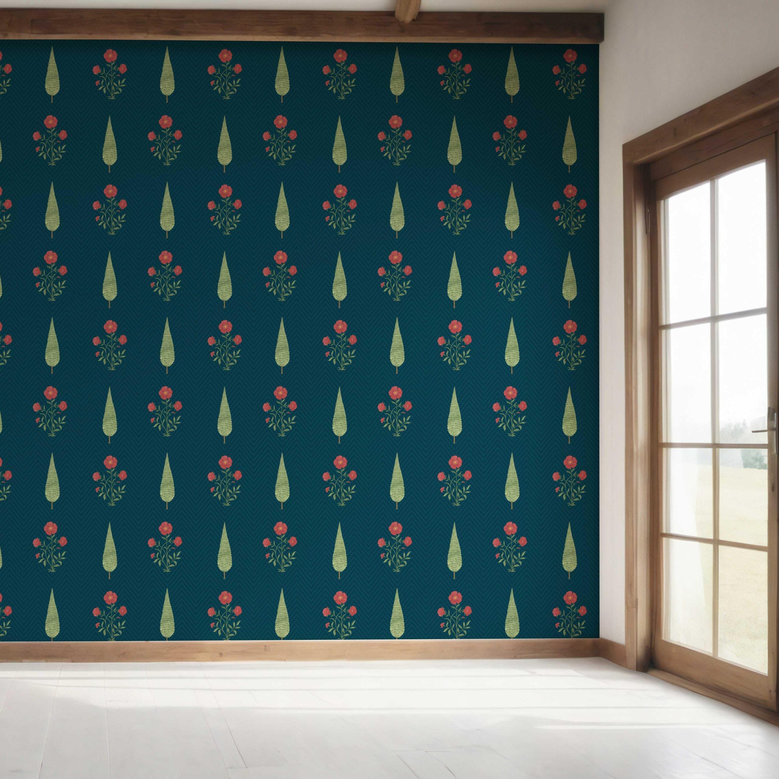 Botanical/ Floral Block Print Bedroom Wallpaper (Teal Blue/ Red/ Green)
