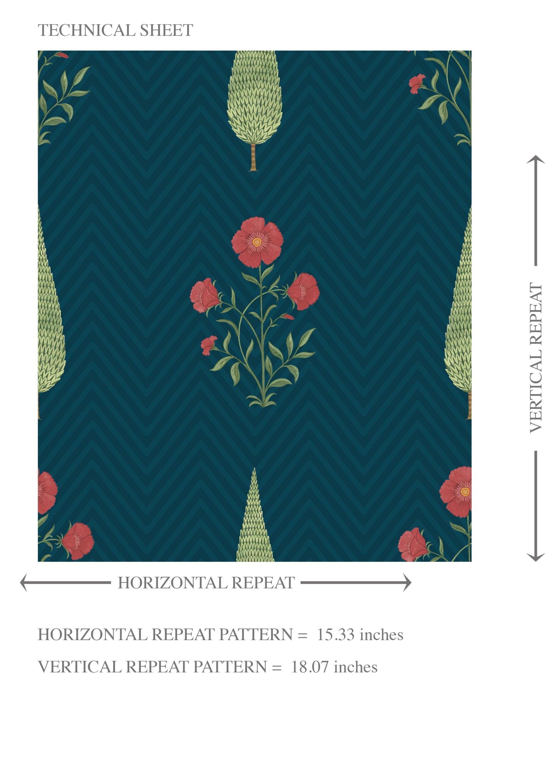 Botanical/ Floral Block Print Kids Room Wallpaper (Teal Blue/ Red/ Green)