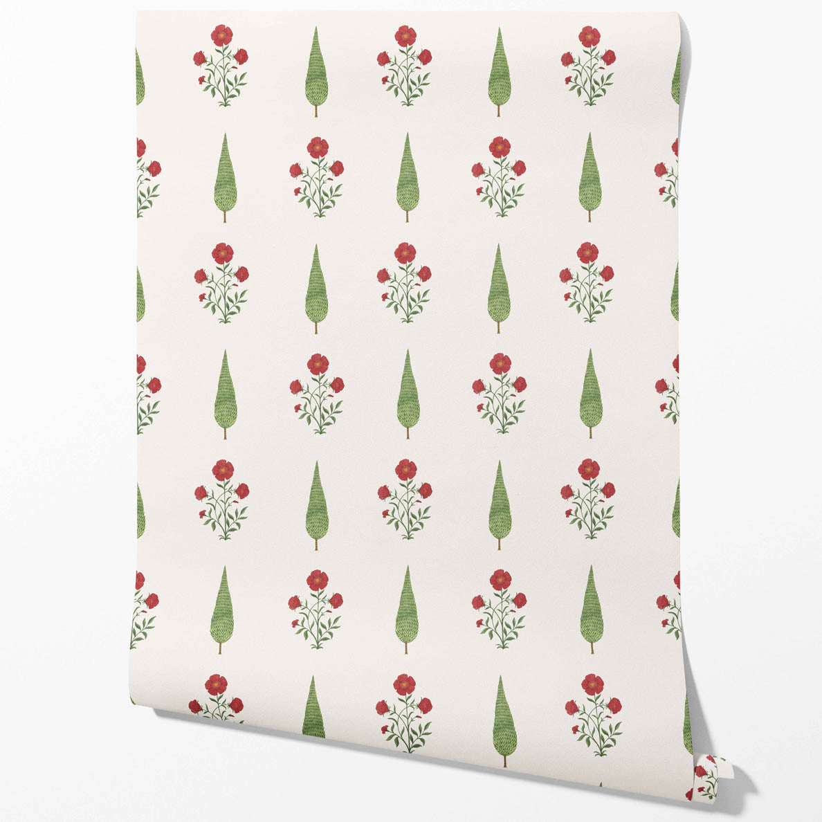 Botanical/ Floral Block Print Traditional Wallpaper Sample (White/ Red/ Green)