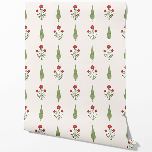 Botanical/ Floral Block Print Traditional Wallpaper (White/ Red/ Green)