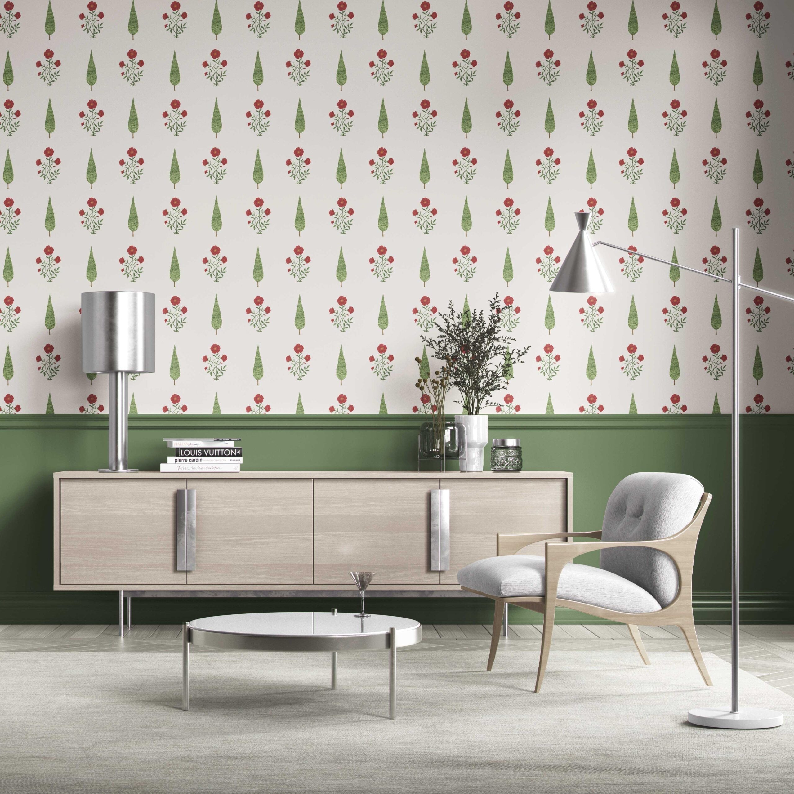 Botanical/ Floral Block Print Kitchen Wallpaper Sample (White/ Red/ Green)