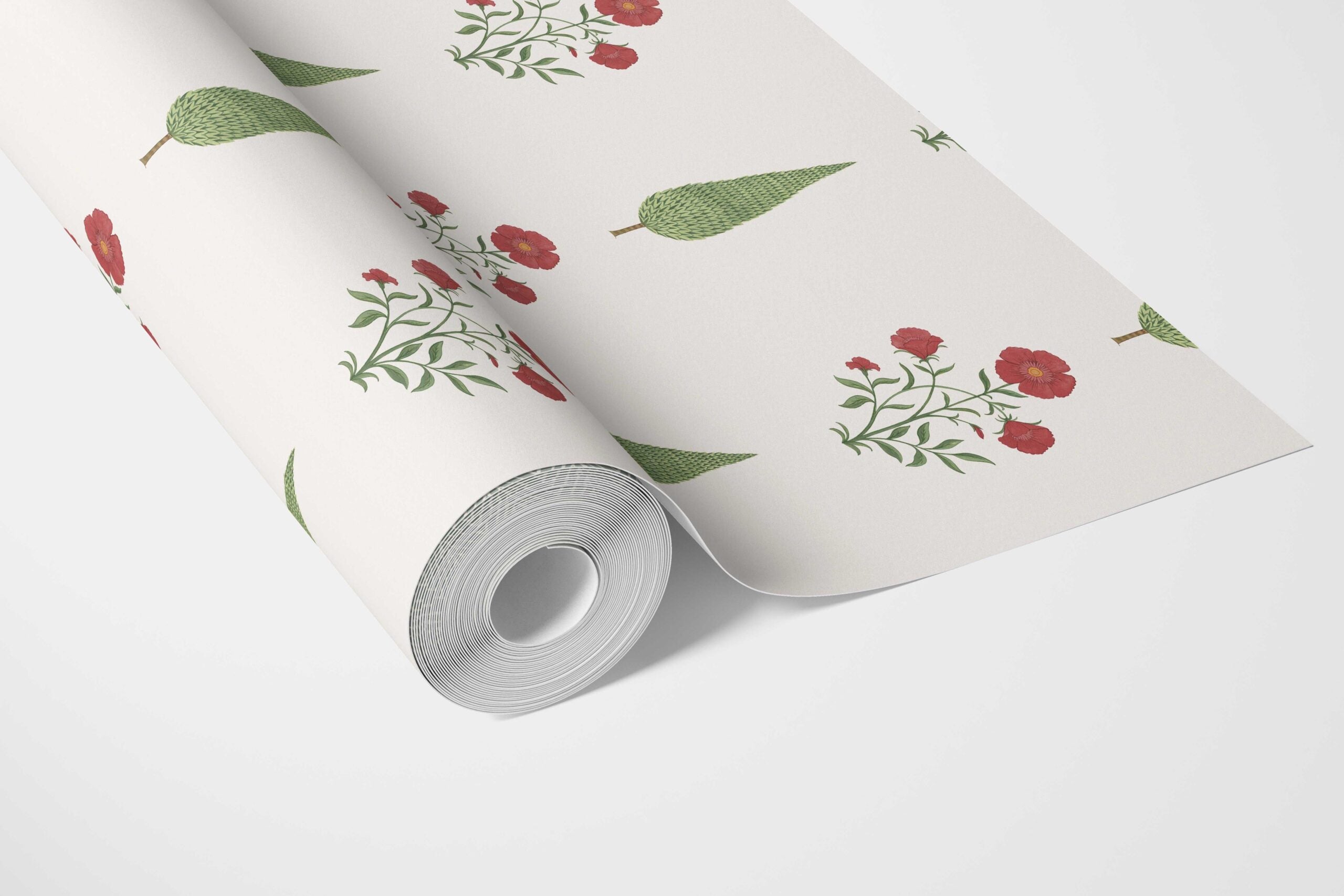 Botanical/ Floral Block Print Bathroom Wallpaper Sample (White/ Red/ Green)