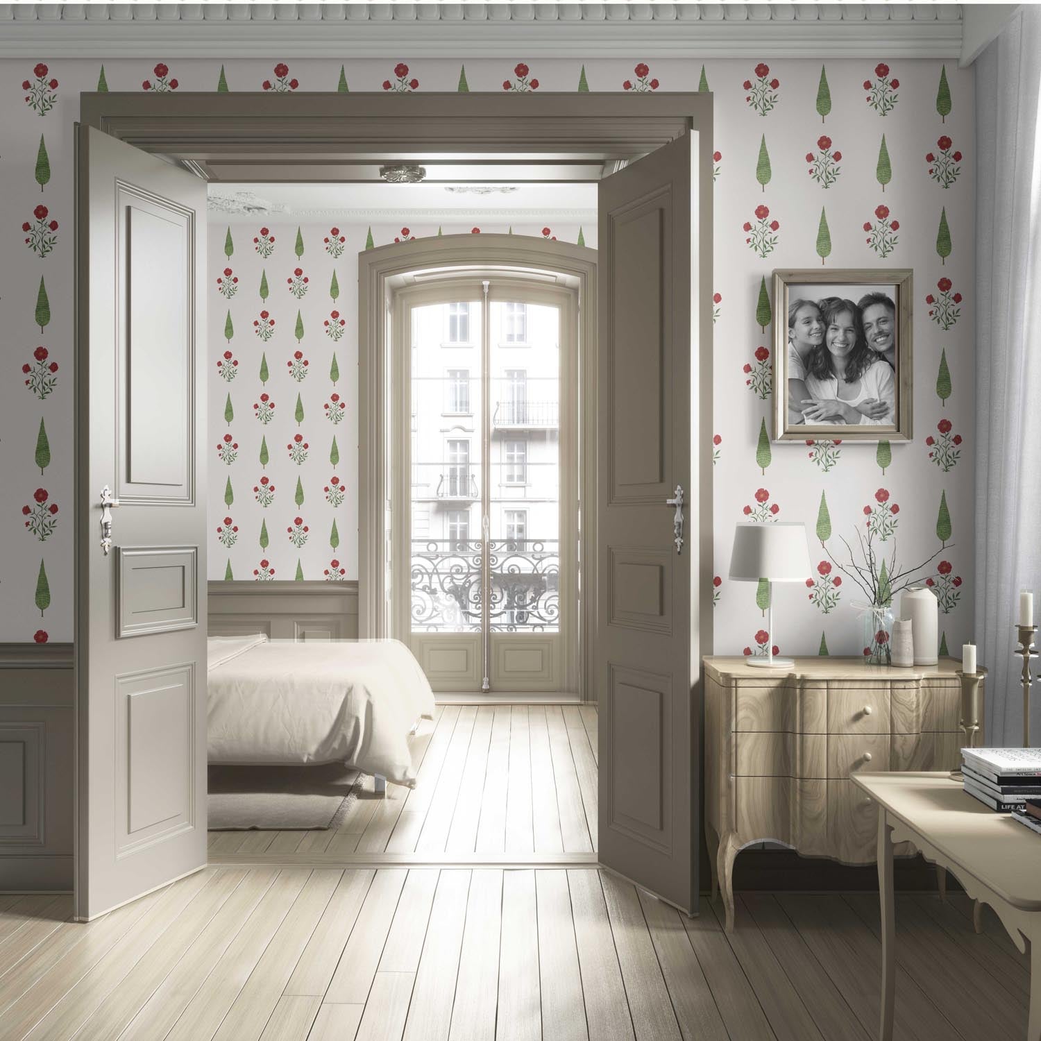Botanical/ Floral Block Print Living Room Wallpaper Sample (White/ Red/ Green)